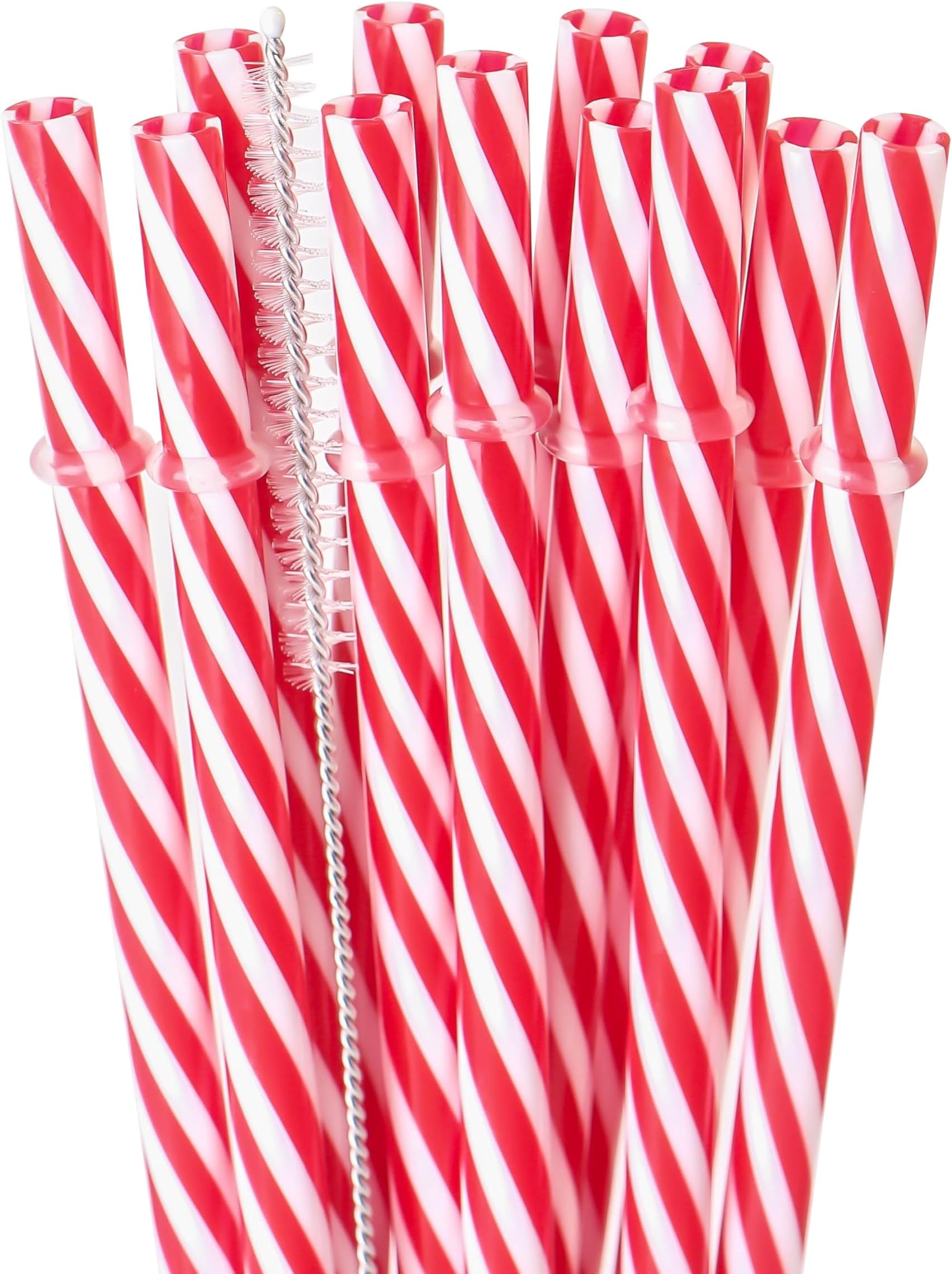 12 Piece 9 Inch Reusable Plastic Thick Drinking Straws BPA Free Mason Jar Straws small Stripe (9inch，Red)