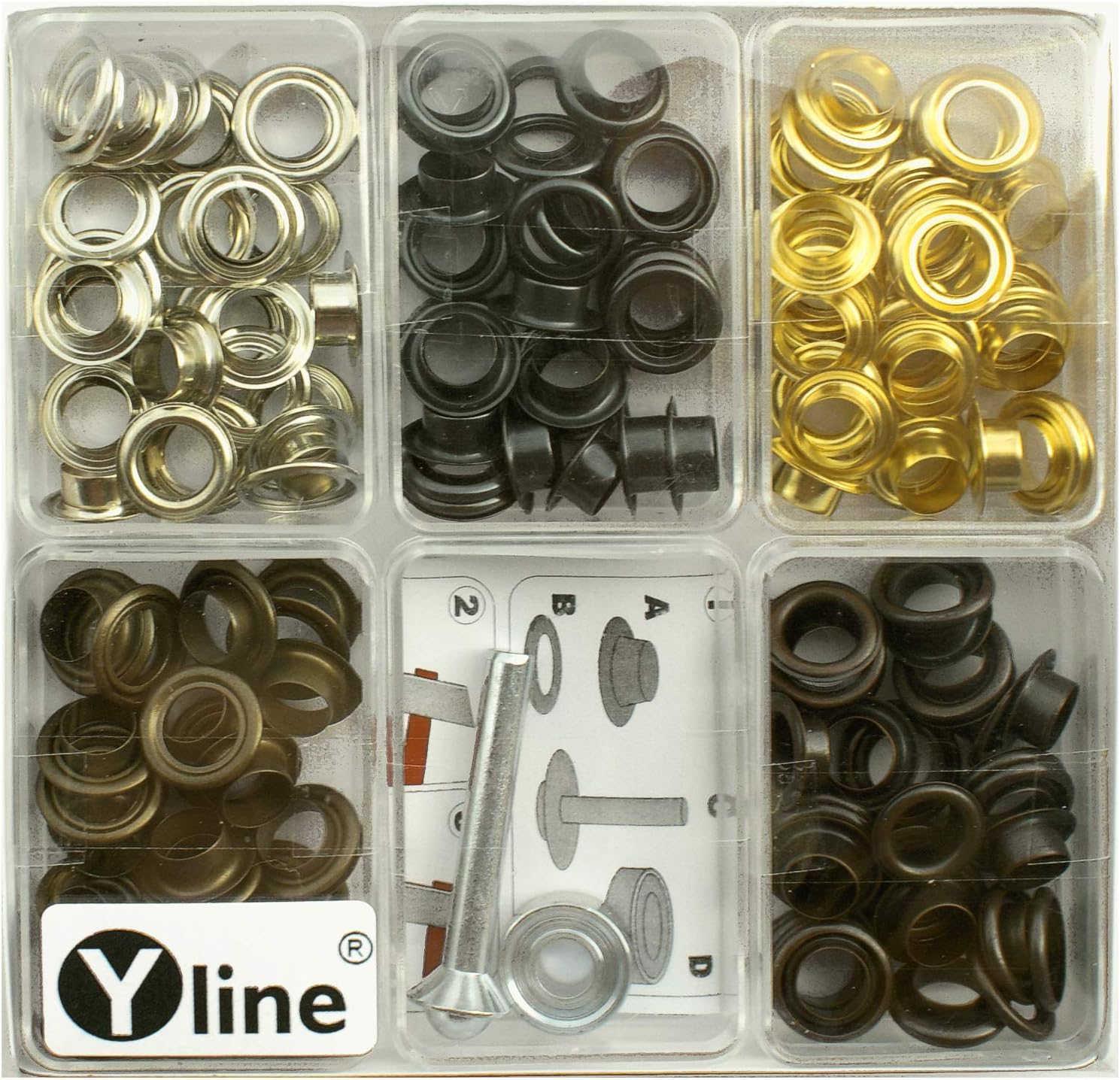 Assortment of 100 Eyelets with Washers 8 mm Antique Copper, Antique Brass, Burnished Silver & Gold with Tools in SB Pack, 3080