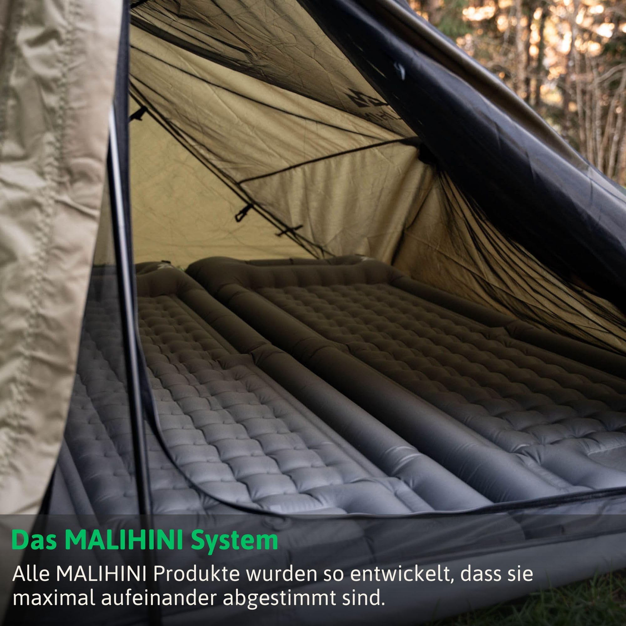 MALIHINI Camping Isomatte selbstaufblasend | Fußpumpe & Kissen | 10 cm dick | Aufblasbar ultraleicht Luftmatratze Schlafmatte Campingmatte Isoliermatte Trekking Outdoor Motorrad Bikepacking koppelbar