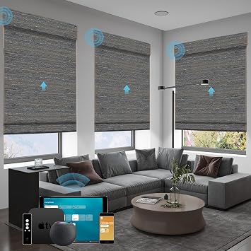 SmartWings Motorized Natural Woven Wood Blinds for Windows, Electric Auto Roman Shades with Remote for Sliding Doors, Compatitable with Alexa/Homekit/Google Home, Customized, Linen Jute-007