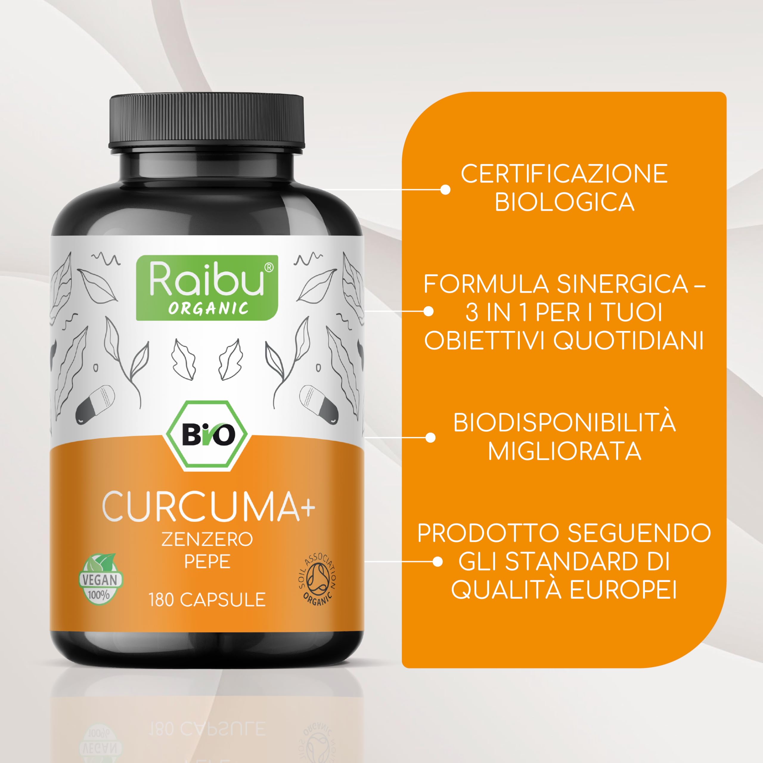 Curcuma Capsule 1500mg con Piperina e Zenzero Biologico - 180 Capsule - Curcuma in Polvere Integratore ad Alto Dosaggio - 100% Vegan, Senza OGM - Raibu