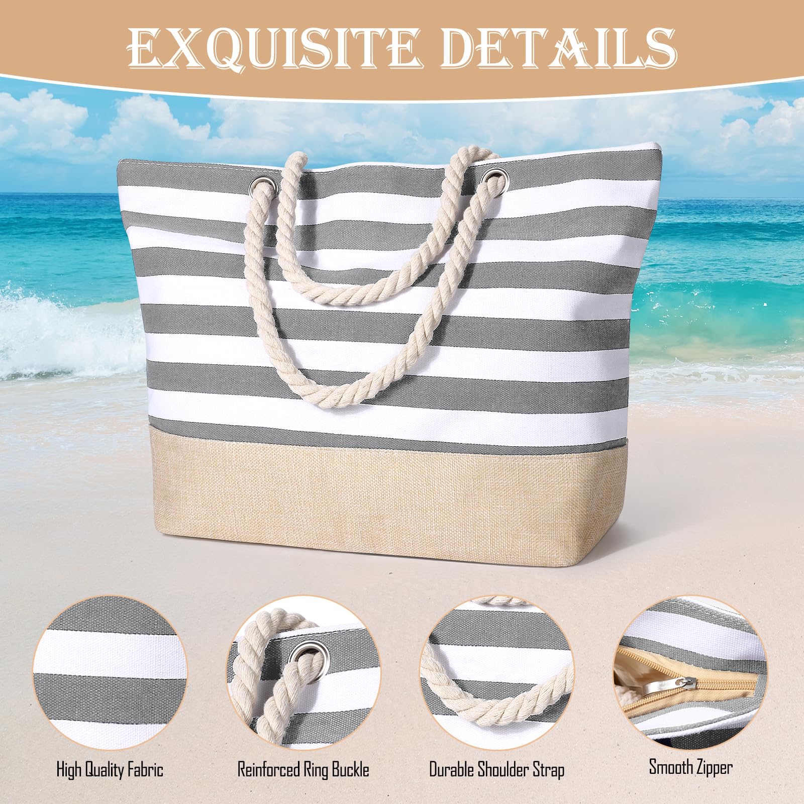 Bolsa de Playa Grande para Mujer, Impermeable Totalizador de Lona de Verano con Cremallera Bolso Tote Beach Bag Bolso Playa Shopper para Viajes Compras Gimnasio, Gris