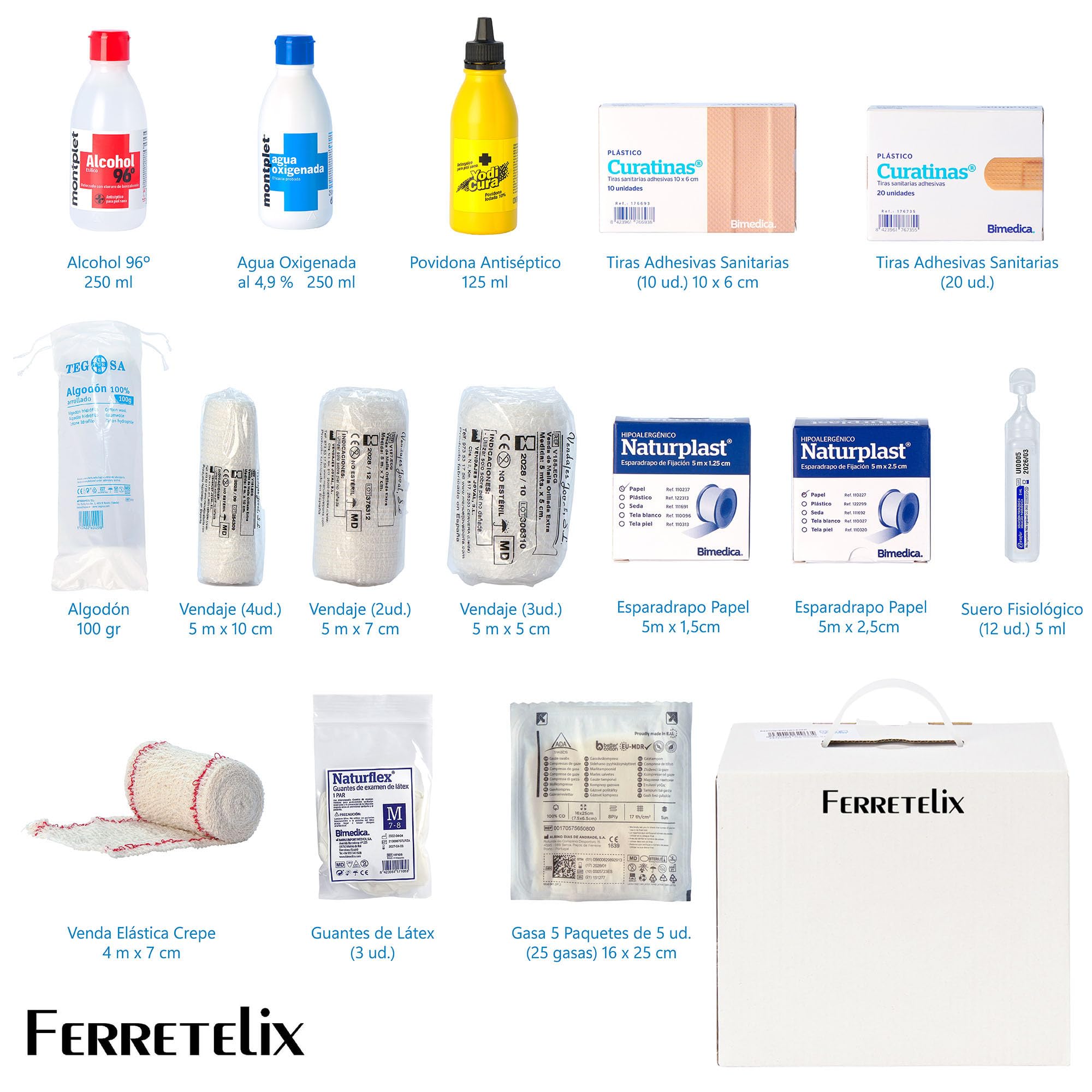 Ferretelix®, Kit reposicion Armario/maletin botiquin primeros auxilios con productos homologados cumpliendo la normativa CE Fabricado en España