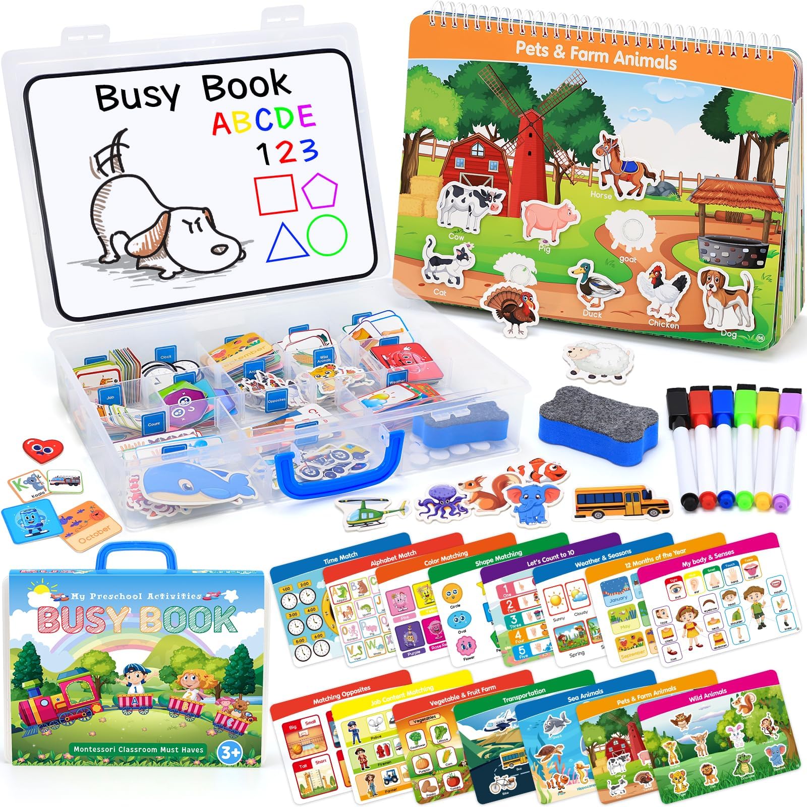 iHarProBusy Book for Toddlers, Montessori Toys for 3+ Year Old, Preschool Learning Activities Autism Sensory Travel Educational Toys with Classified Storage Box and Writing and Drawing Board