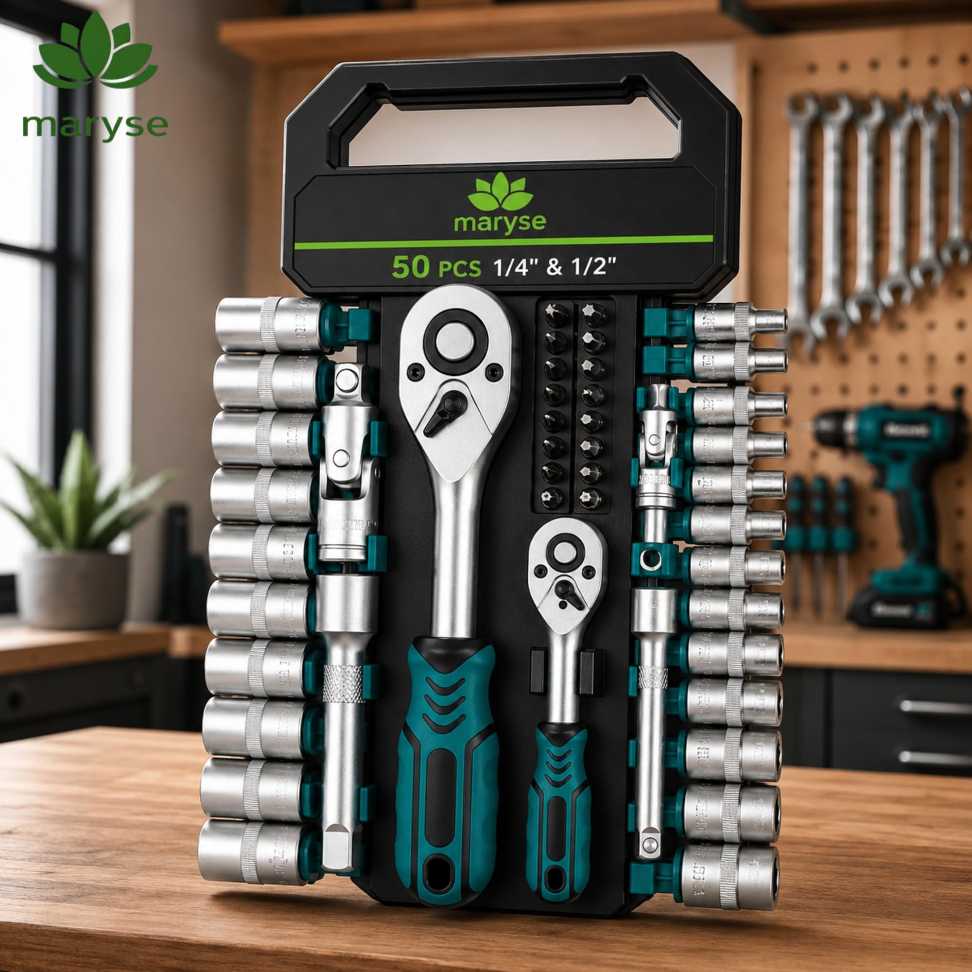 Set Chiavi a Cricchetto PROFESSIONALI 50 Pezzi 1/4" e 1/2" - Kit Cricchetto Reversibile con Chiavi a Bussola Metriche, Inserti, Prolunghe e Snodi Universali - Attrezzi per Auto, Moto, Casa e Officina