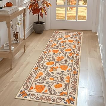 Fall Runner Rug for Hallway 2x6ft, Hello Pumpkin Non Slip Washable Kitchen Runner Rug, Autumn Decoration Thanksgiving Floor Mat Carpet for Entryway Bathroom Laundry Room Orange