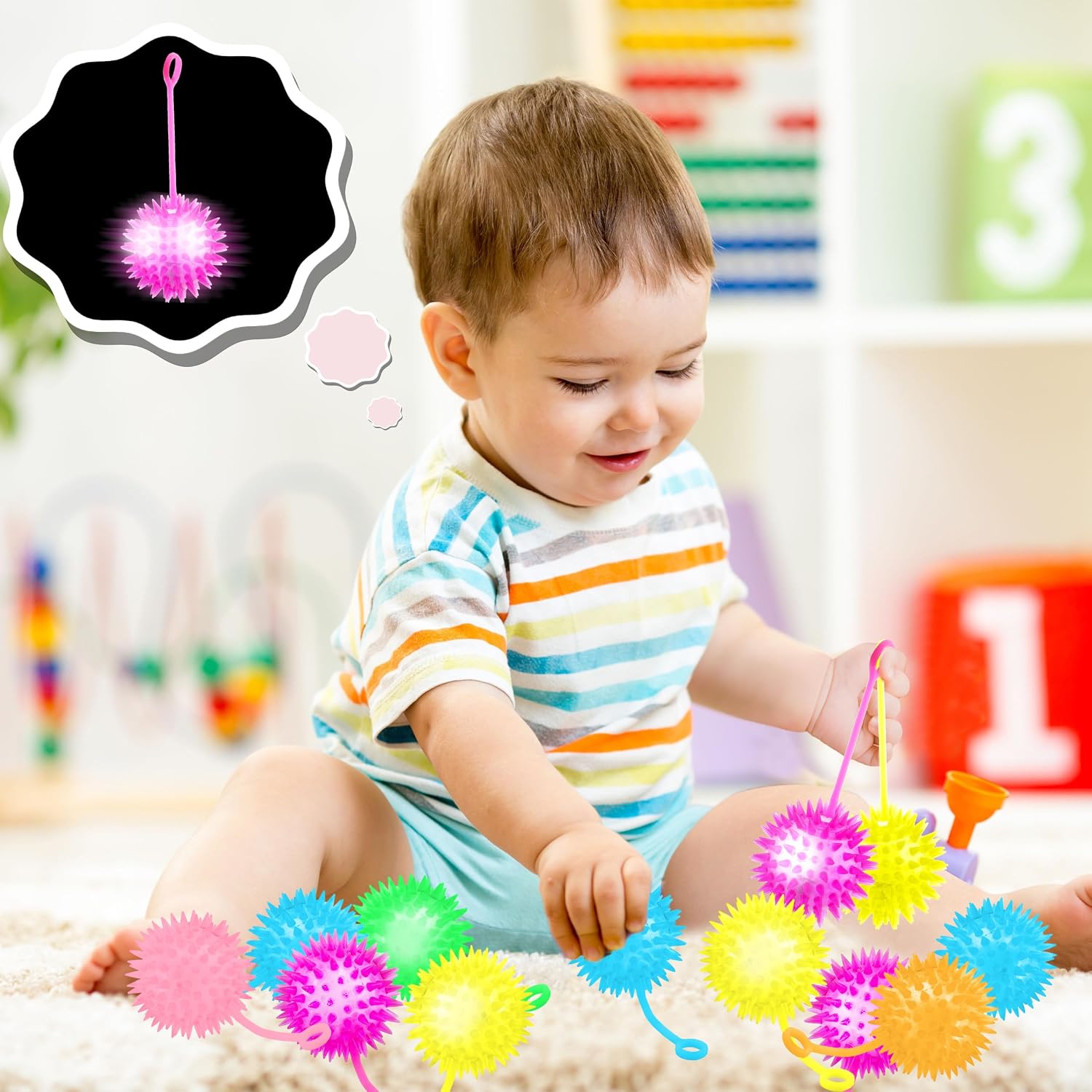 40 Pcs 2.6 Inch Light Up Bouncy Balls LED Spike Ball with Rope Grows in the Dark Multicolor Flashing Balls for Birthday Party Gifts Classroom Prizes