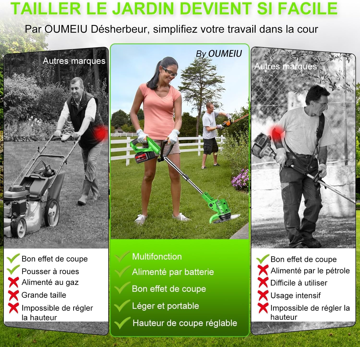 Débroussailleuses Electrique sans Fil, Coupe Bordures sans Fil a 2 21V 3.0Ah Batterie et Chargeur Rapide & 3 Types Lames, Debrouissalleuses a Batterie pour Tondre Les Pelouses du Jardin Pelouse Ferme