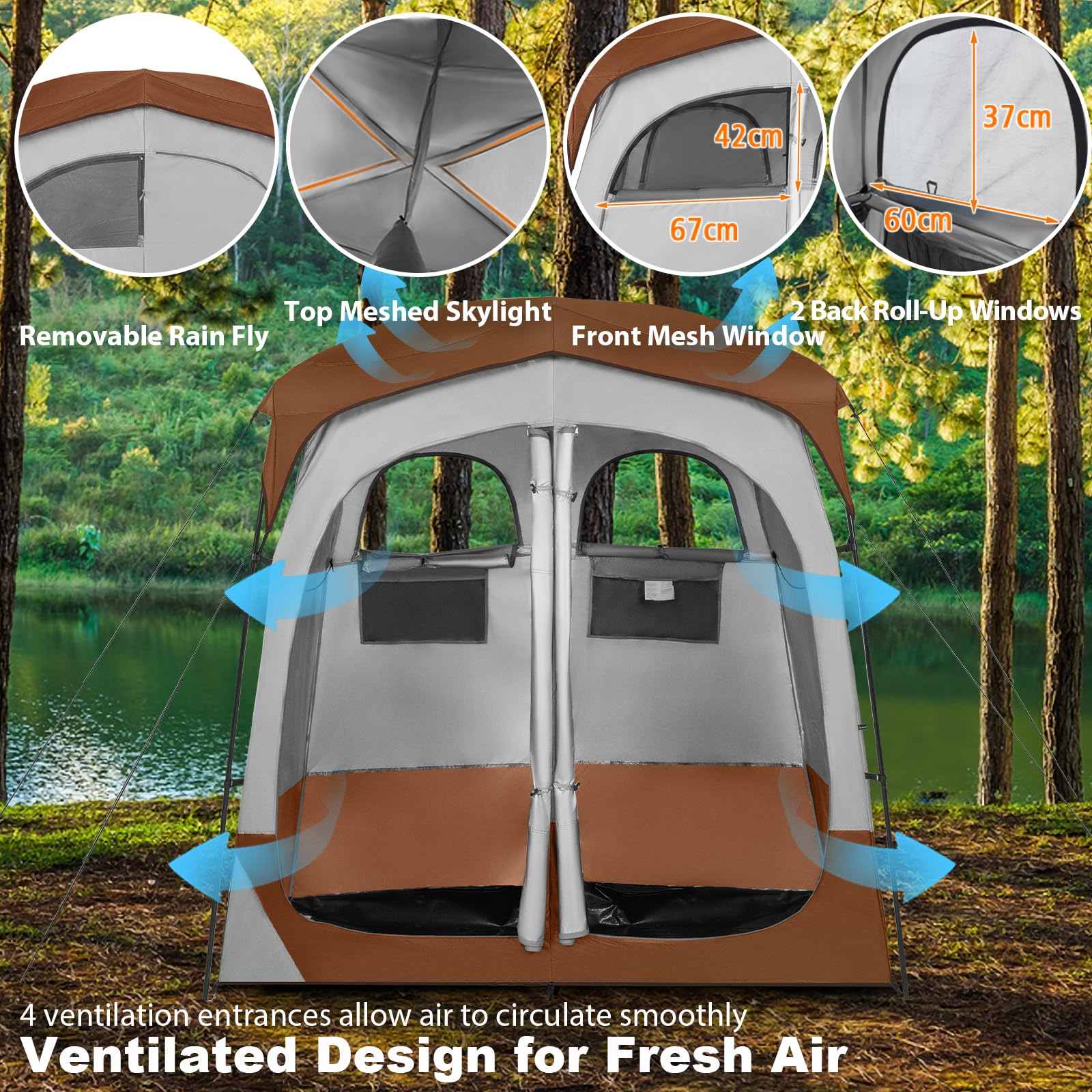 HOMASIS Tente de Douche Double pour Camping, Tente de Salle de Bain pour WC avec Fenêtre, Poche de Rangement, Crochet et Sac de Transport, Vestiaire Portable pour Plage, Randonnée, Pêche