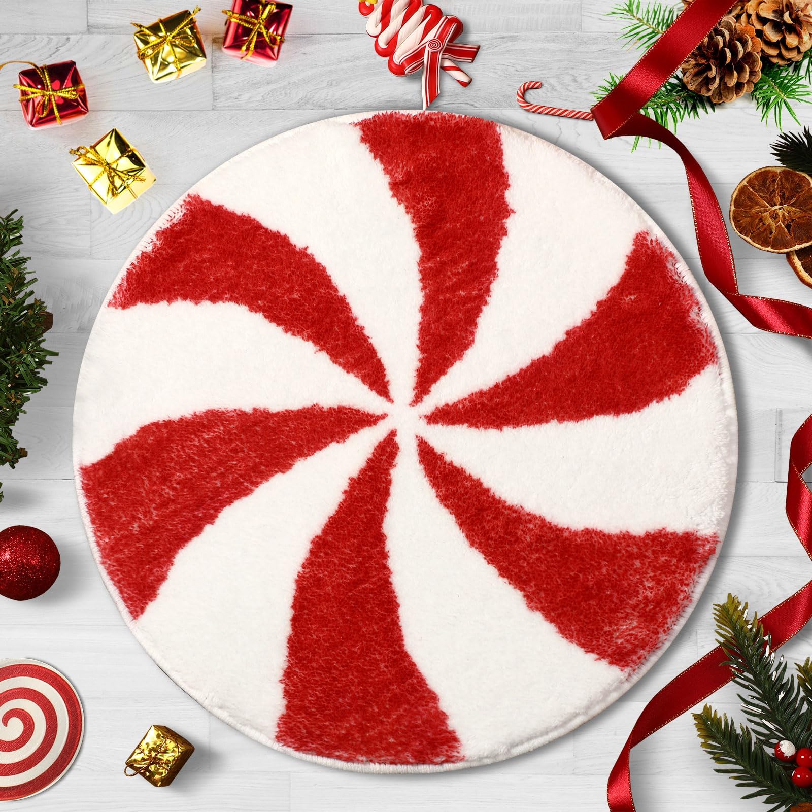 FEBSNOW 1PCS Christmas Bathroom Rugs Decor Christmas Candy Red White Winter Rug Bath Mats Non Slip Absorbent Carpets