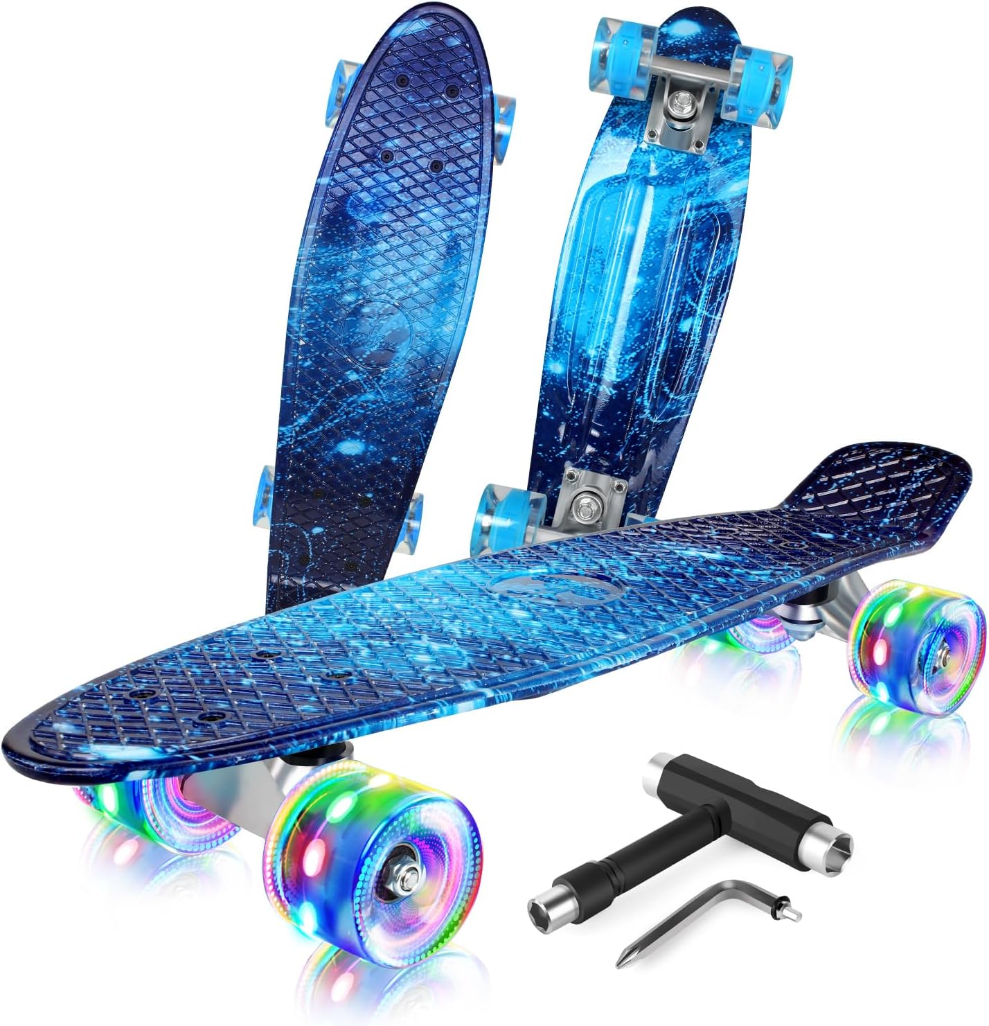 BELEEV 22 inch Skateboards for Kids, Cruiser Skateboard for Girls Boys Teens Adults Beginners, LED Light up Wheels, Mini Skateboards Classic Complete Skate Board with Skate T-Tool, Max Load 220 LBS