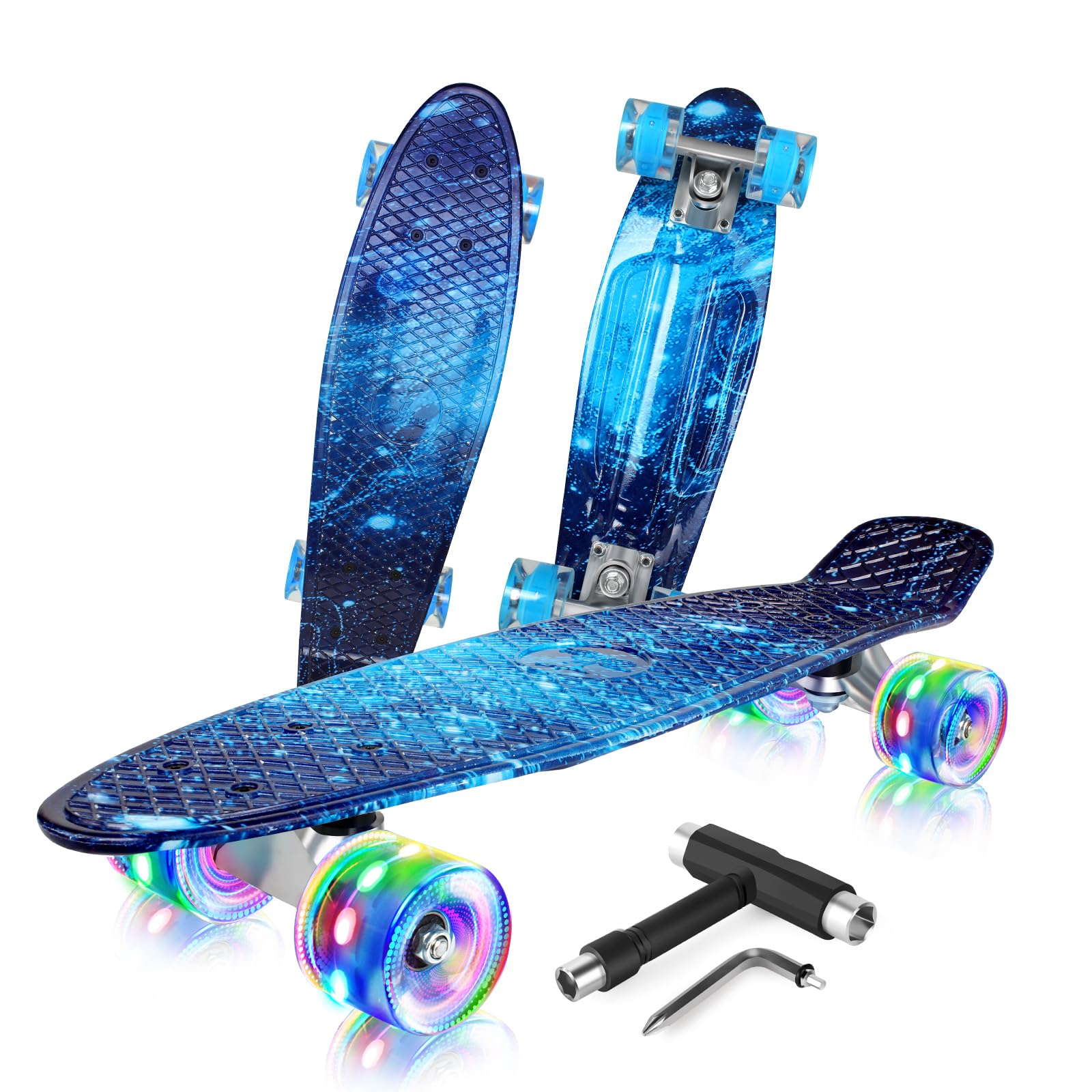 BELEEV Skateboard Complete 22 x 6 Inch Mini, para Niños, Adolescentes, Principiantes, Ruedas con luz LED de PU con Herramienta en T para Patines Todo en Uno, Monopatín 55cm