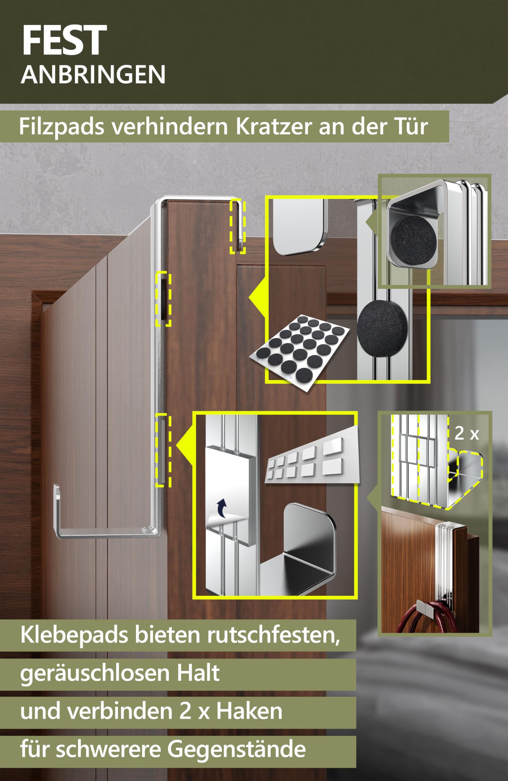 Ganci Porta 4smile Set 4 Pezzi - Acciaio Inox, Portata 8kg, Con Feltro Antigraffio, Per Appendere Ovunque - Foto 7