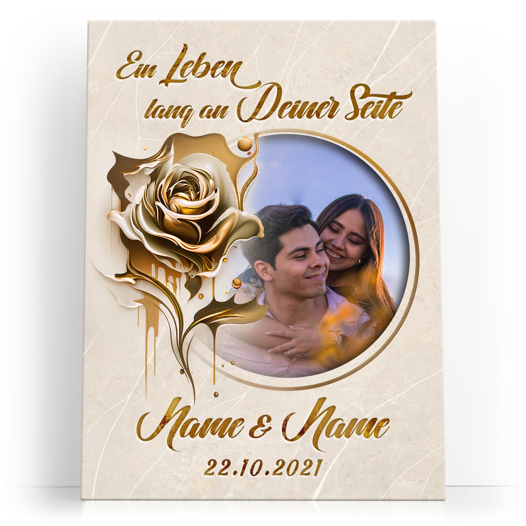 Liebesleinwand Personalisiertes Foto-Leinwandbild gestalten | Ewige Goldblüte | Geschenk zum Jahrestag, Hochzeitstag, Verlobung, Hochzeit | Leinwandbild gestalten mit Foto, Namen und Datum