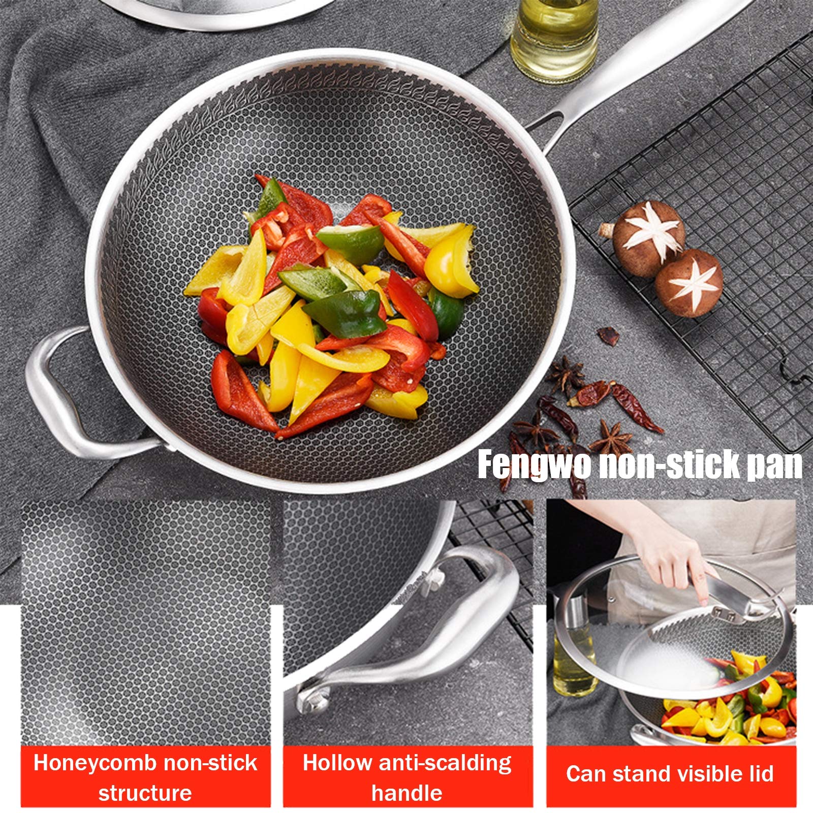Wok De Acero Inoxidable Antiadherente con Diseño De Panal, Resistente A Rayones Y con Tapa De Vidrio Templado para Cocinas Eléctricas, De Inducción Y De Gas, 34 Cm(34 cm)