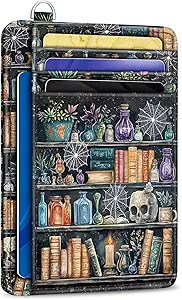 Goth Bookshelf Credit Card Holder RFID Wallet Women, Slim Wallet Front Pocket Small Card Holder, Funny Skull Gothic Case Organizer with ID Window PU Leather Witchy Gifts for Woman Girls