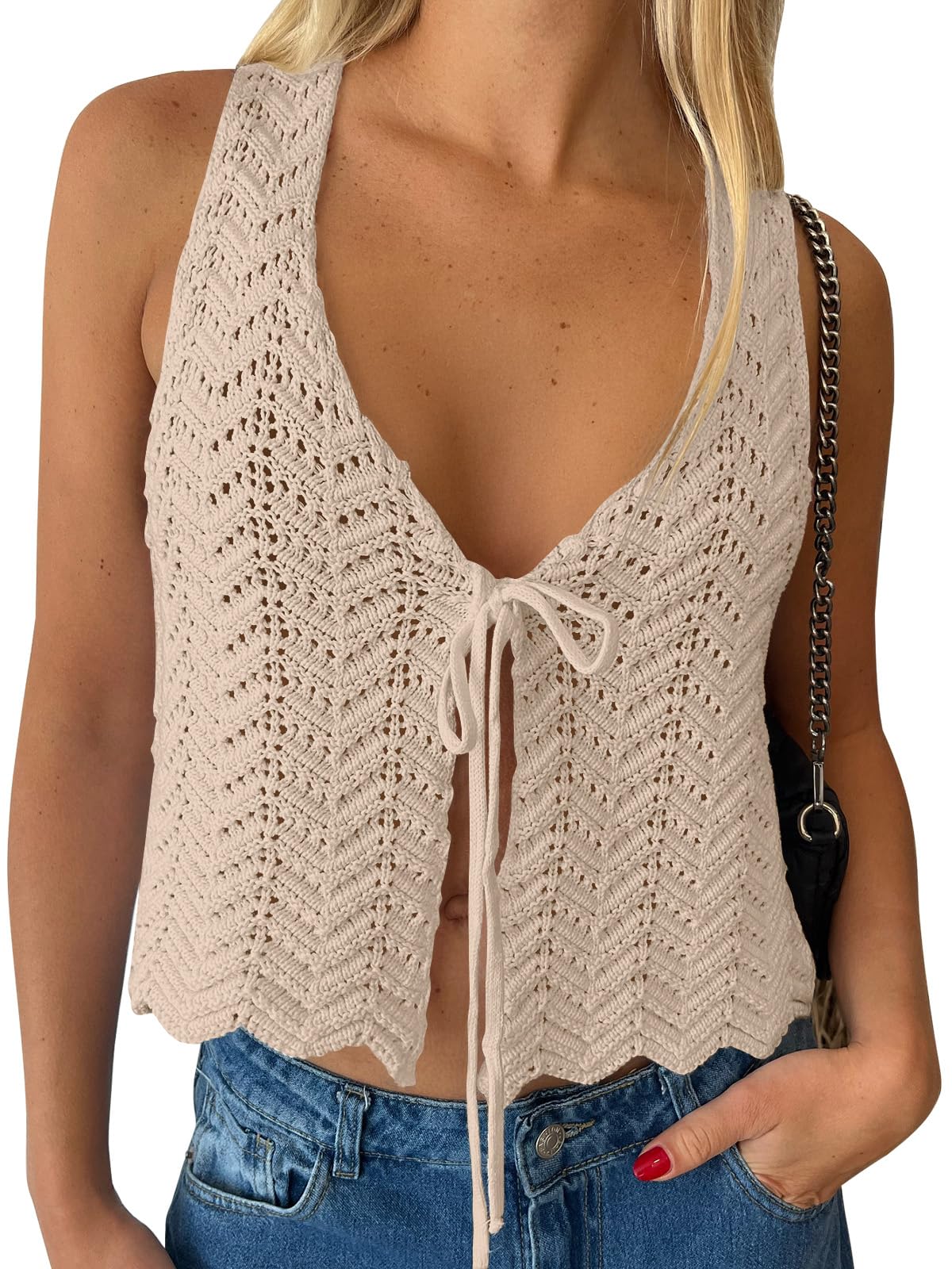 LILLUSORY Crochet Tops for Women Summer Vacation Outfits Beach Coverup Going Out Tie Front Spring Sweater Vest 2026 Fashion