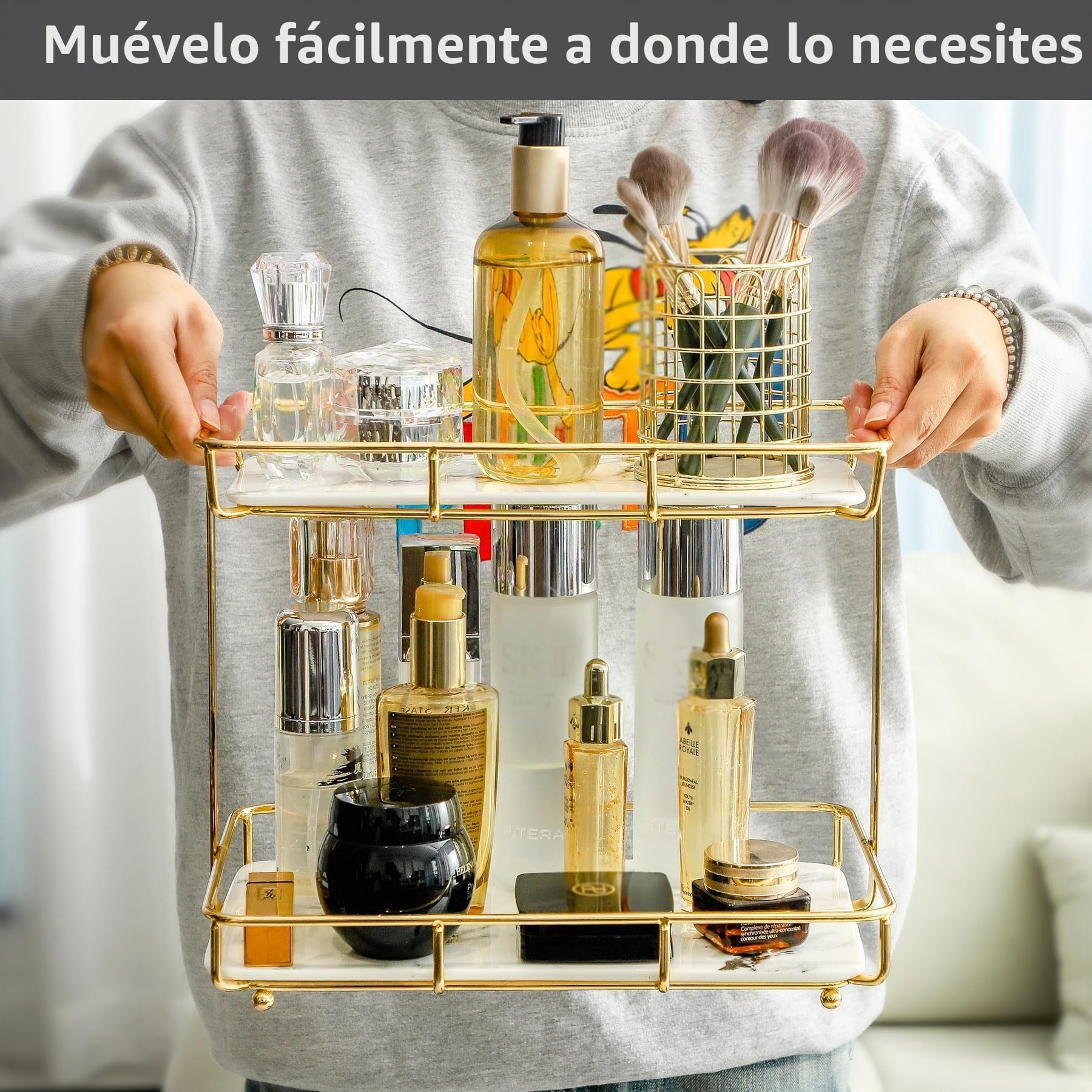 NC Estante Organizador de Maquillaje, Estante de Acero Inoxidable con Bandeja de cerámica, mármol Blanco, para tocador, encimera, baño y más, Dorado (21324) (142825.5)