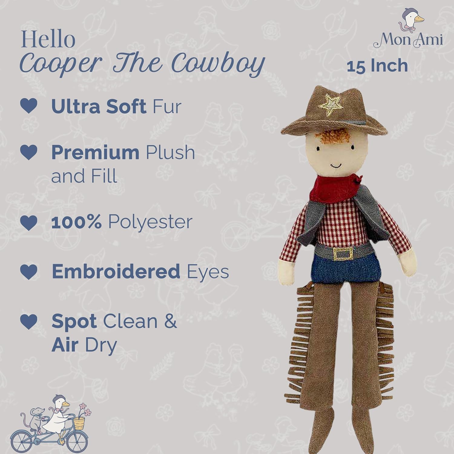 MON AMI Cooper The Cowboy Doll – 15-Inch | Soft & Elegant Plush Stuffed Doll | Western Cowboy Toy for All Ages | Ideal Room & Nursery Décor