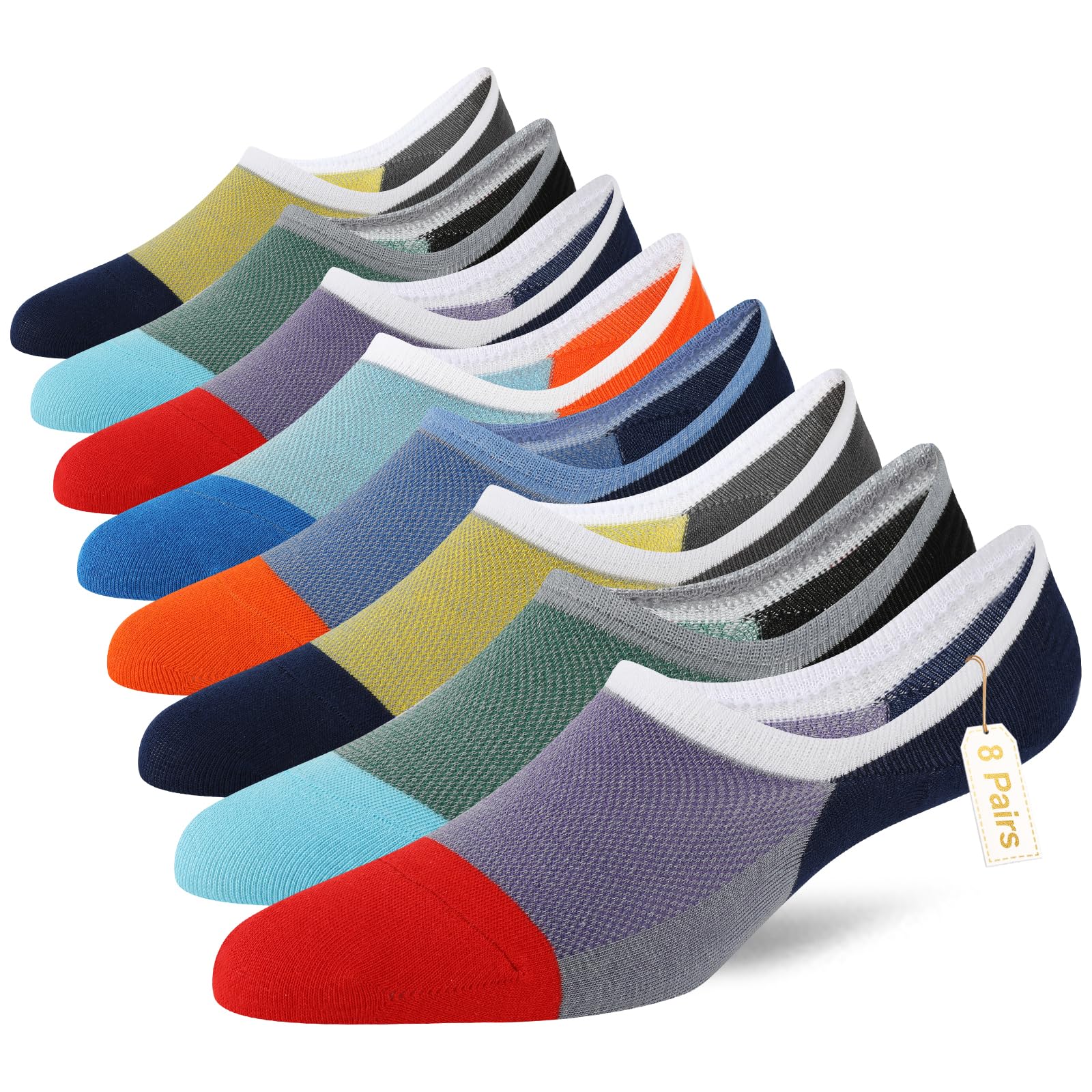 COOPLUS Mens No Show Socks Cotton Low Cut Non Slip Casual Socks Invisible Flat Boat Socks (8 Pairs)