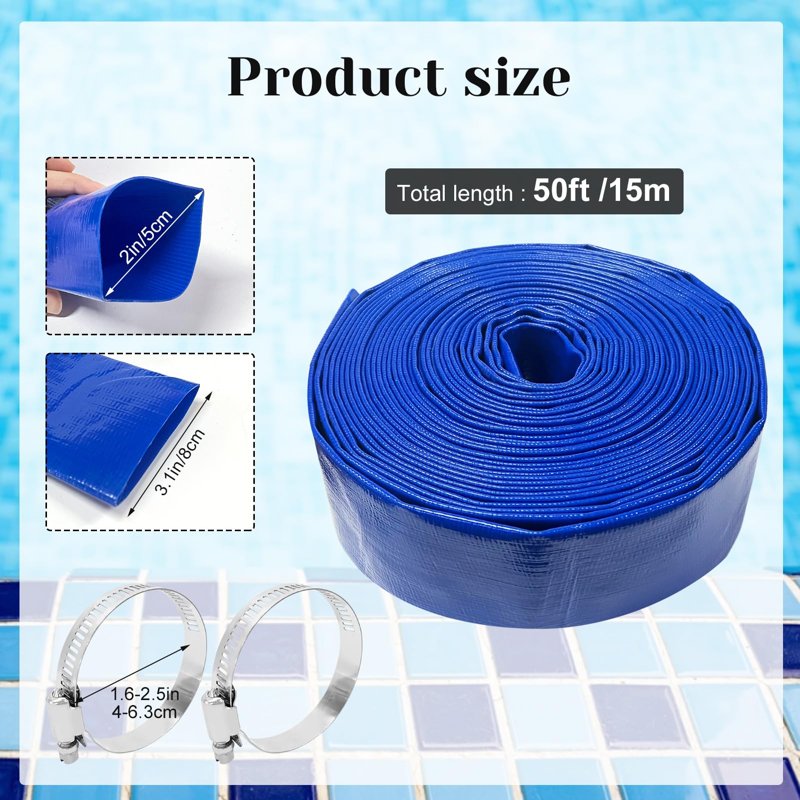 2 Inch x 50Ft Pool Heavy Duty Flat Discharge Hose and 2 Clamps for Pools Filter Hose Water Transfer Sump Pump Pool Filter Pool Drain