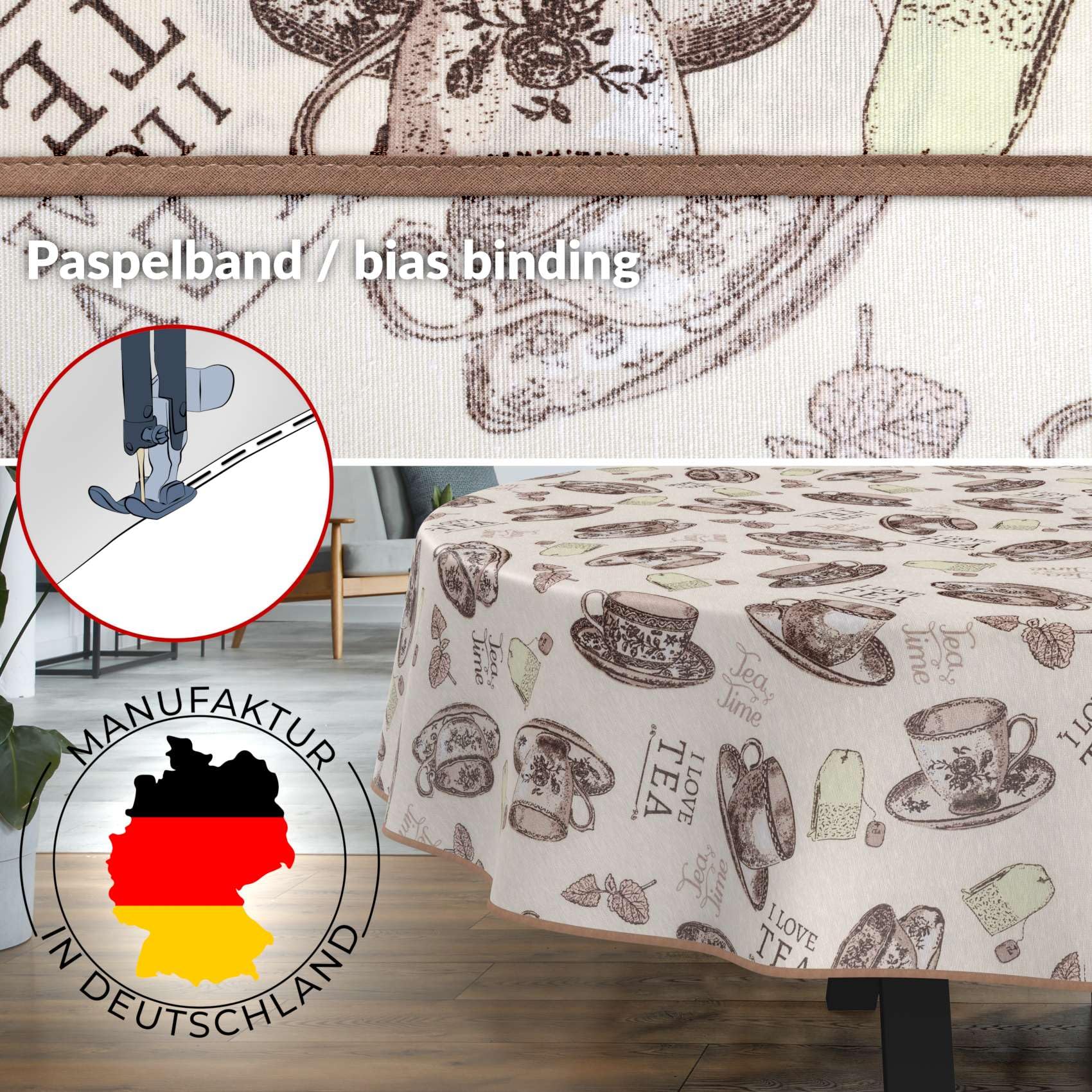 ANRO Nappe enduite L'heure du thé avec Ourlet Ovale 200x140 cm Anti-Taches