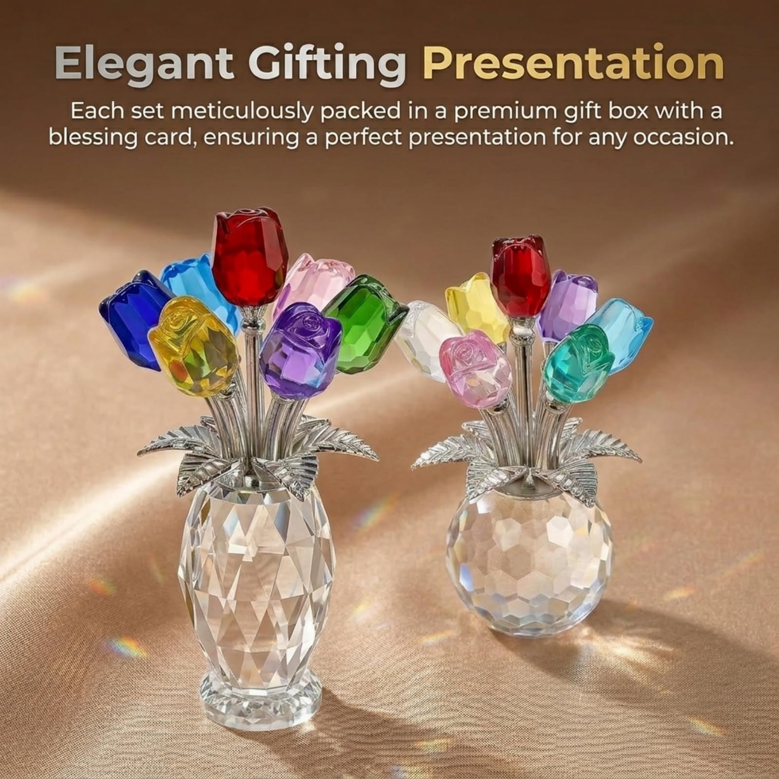 Juego de 2 figuras coloridas de rosas de cristal sólido para regalo