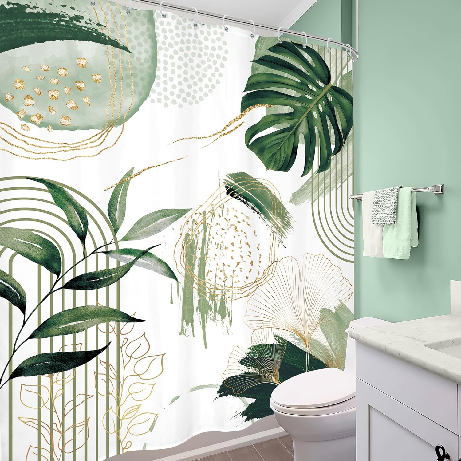 Sage Green Boho Shower Curtain Extra Long Modern Abstract Tropical Leaves Bohemian Gold Palm Leaf Mid Century 72Wx84H Bathroom Decor Geometric Plant Bath Curtain Fabric Polyester 12 Pack Hooks