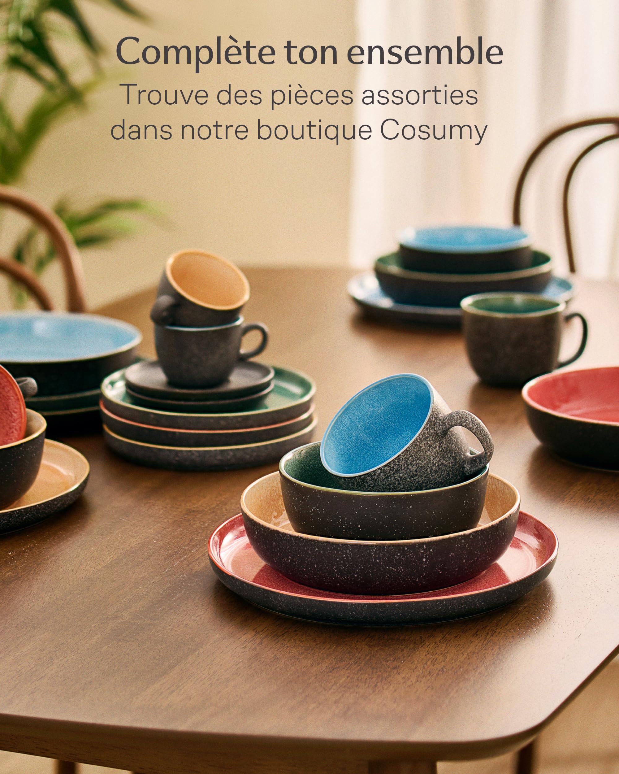 Cosumy Set de 4 Assiettes à Pâtes en Grès Ø22 cm – Vaisselle Artisanale avec Glaçure Réactive – Jeu de Couleurs Vibrantes, Compatible Micro-ondes & Lave-vaisselle – Set de 4 Pièces pour Pâtes