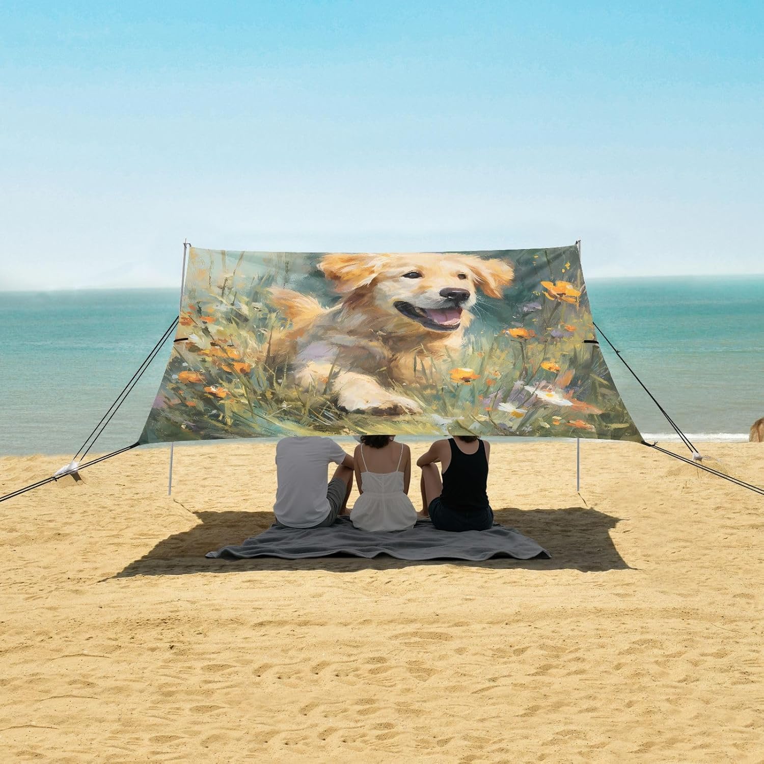ALAZA Golden Retriever Dog Wildfield Beach Tent Sun Shelter UPF50+ Protection Beach Shade Canopy w/ 4 Sandbags for Outdoor Camping, Fishing, Backyard Fun, Picnic, 10x9 ft