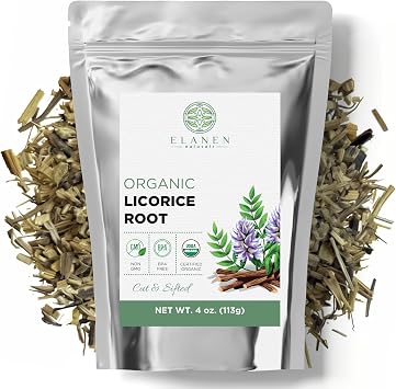 Elanen Naturals Organic Licorice Root 4 oz. 113g, USDA Certified Organic Licorice Root Tea, Licourice Bulk Chopped, Liquorice, Raiz de Regaliz Licrice, Glycyrrhiza glabra, Cut & Sifted