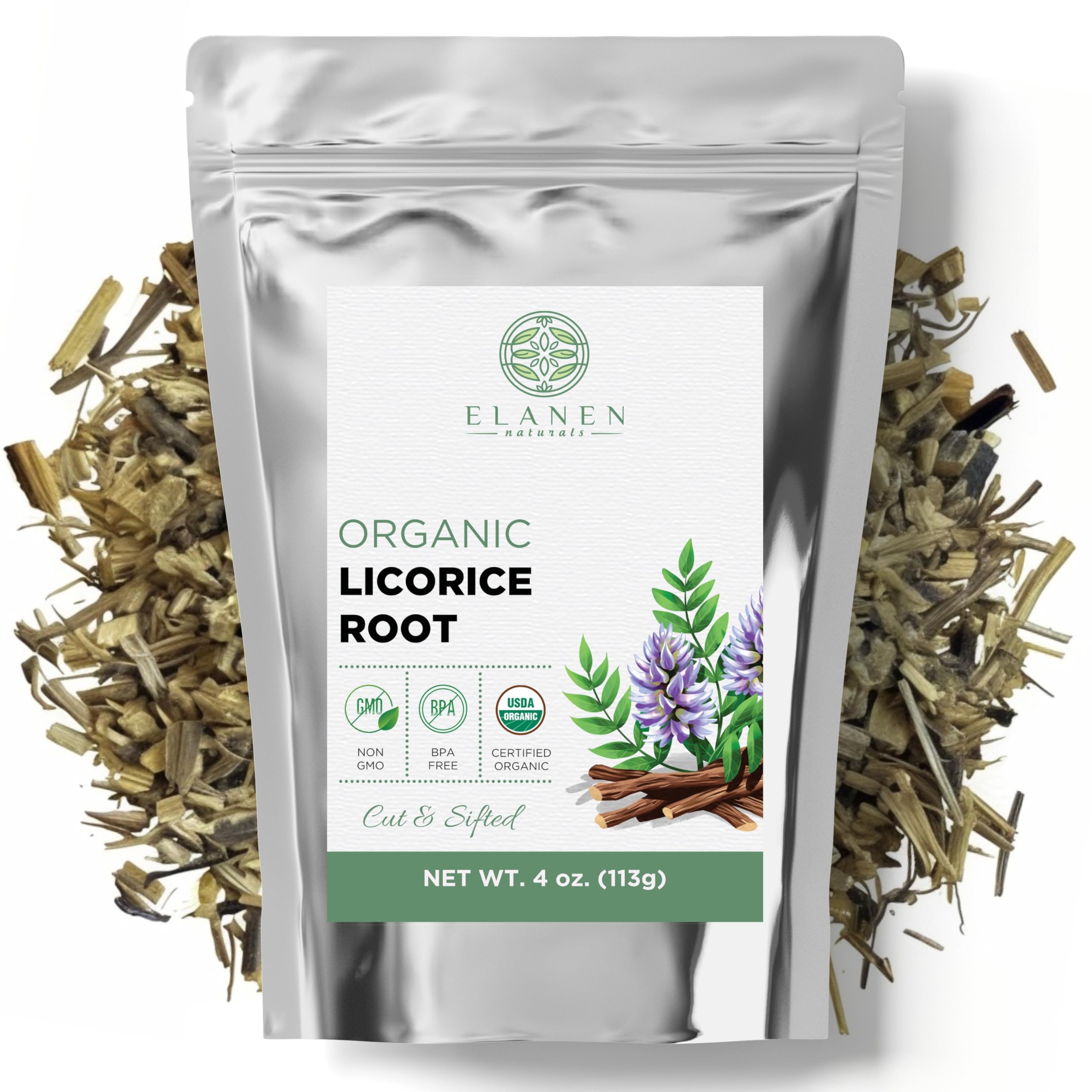 Elanen Naturals Organic Licorice Root 4 oz. (113g), USDA Certified Organic Licorice Root Tea, Licourice Bulk Chopped, Liquorice, Raiz de Regaliz Licrice, Glycyrrhiza glabra, Cut & Sifted