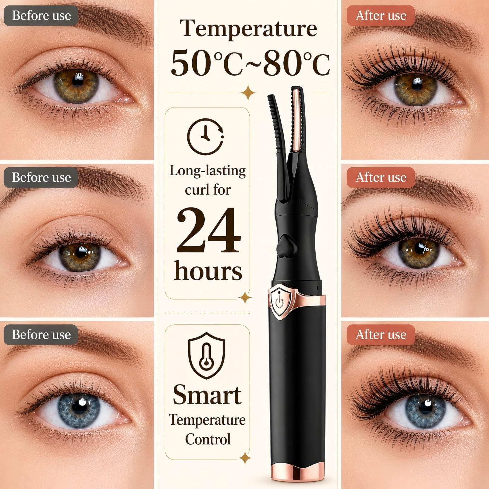 Rizador Pestañas Electrico, Heated Eyelash Curler con Termico Calienta en 10 seg 3 Accurate Temperaturas Hasta 95°C para Longue Efecto 24 Horas, Auto Off, Uso Rápido y Sencillo, Recargable por USB