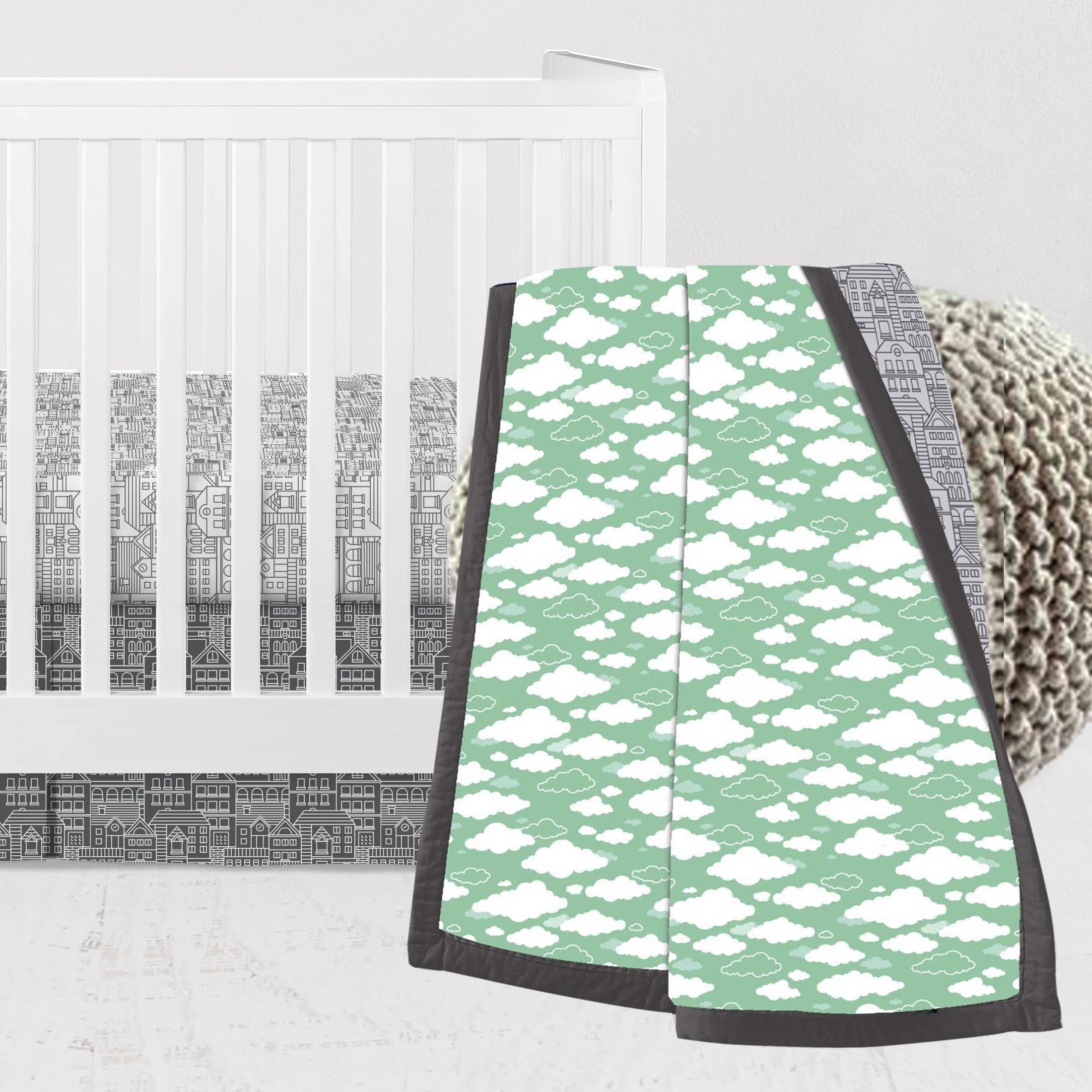 Bacati - Clouds in The City Mint Gray 3-Piece Crib Bedding Set