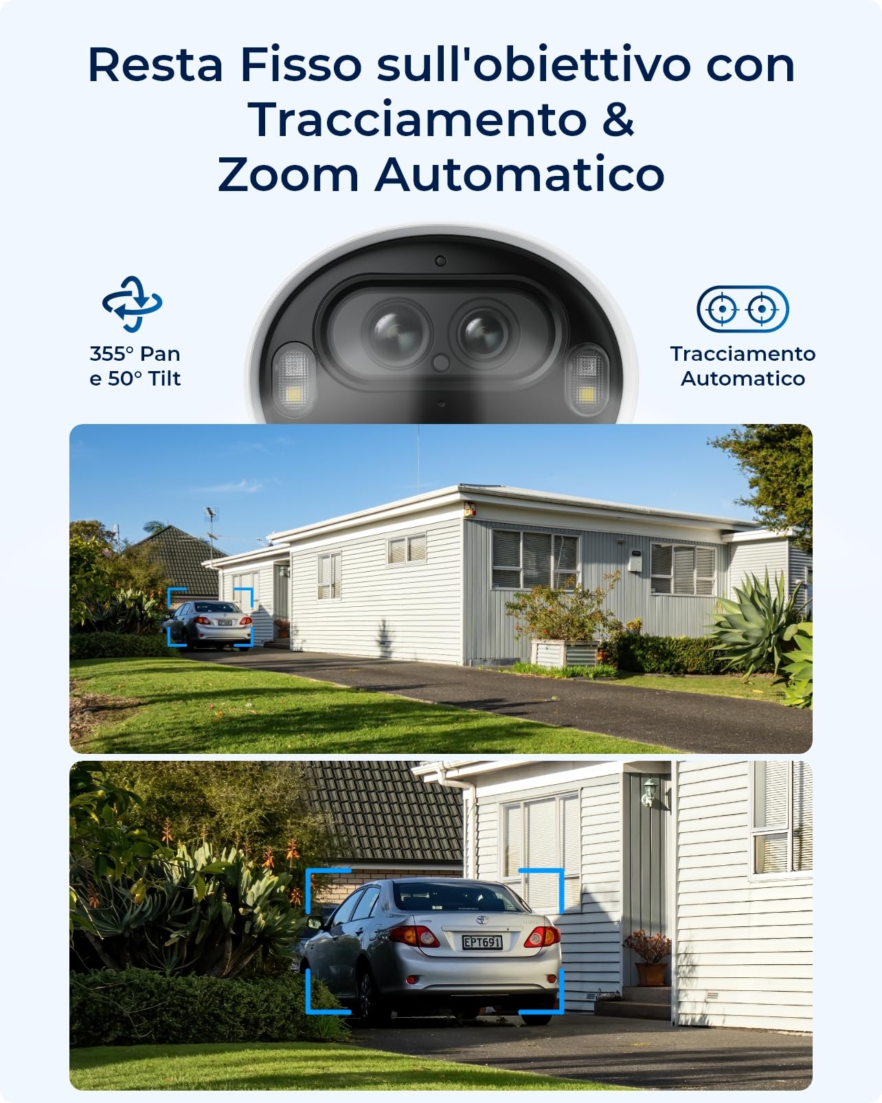 Reolink 4K Telecamera Wi-Fi Esterno Senza Fili a Batteria Argus Track | Auto-Tracking&Zoom+Pannello Solare, Doppia Lente, Videosorveglianza WiFi 2,4/5 GHz, Visione Notturna a Colori, Rilevamento AI
