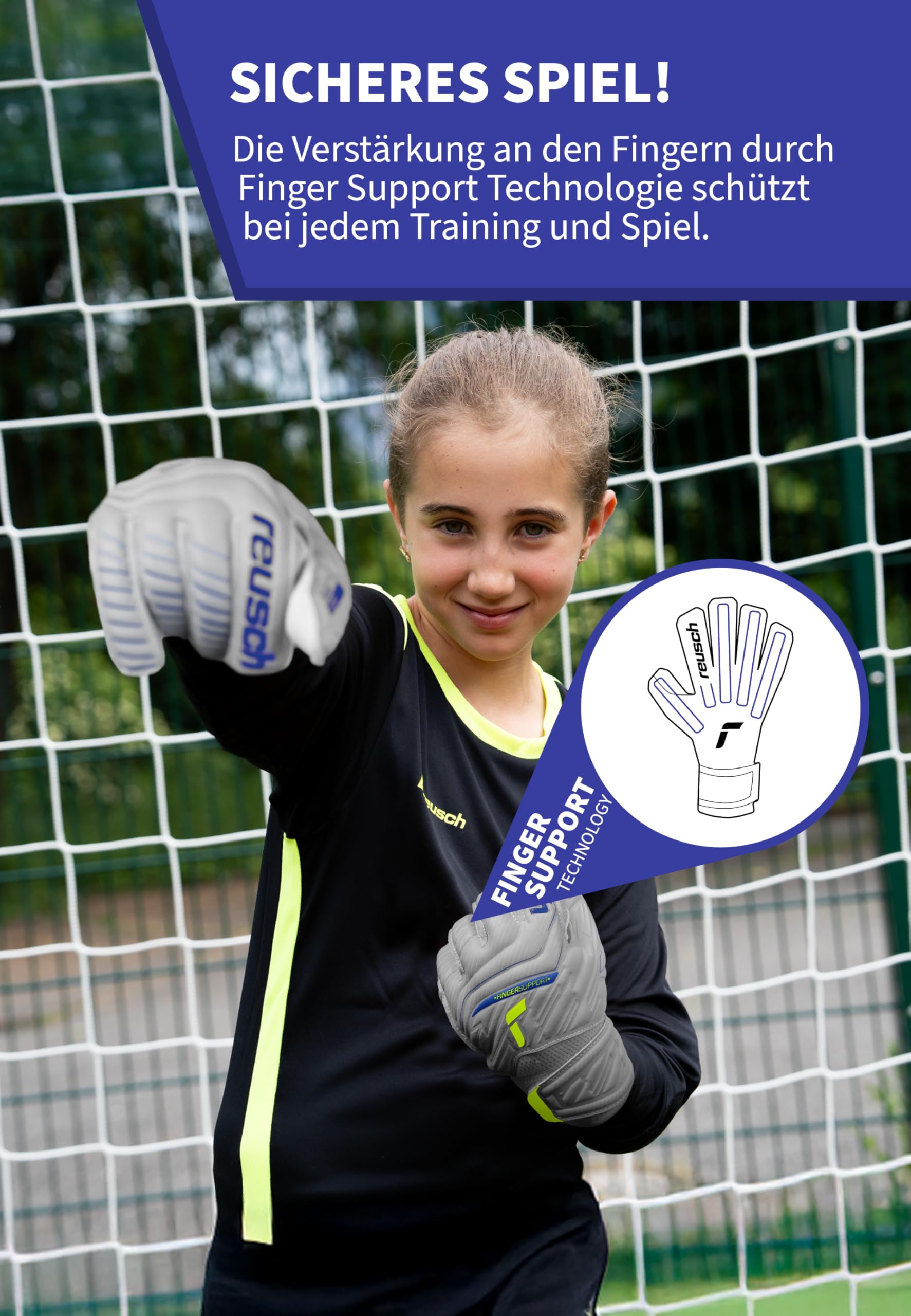 Reusch Torwarthandschuhe Kinder Jugendliche | Fingerschutz | zuverlässiger Grip & Atmungsaktivität | für Training & Spiel | Kunstrasen & Naturrasen | Größe 4-8 | Attrakt Grip Finger Support Junior