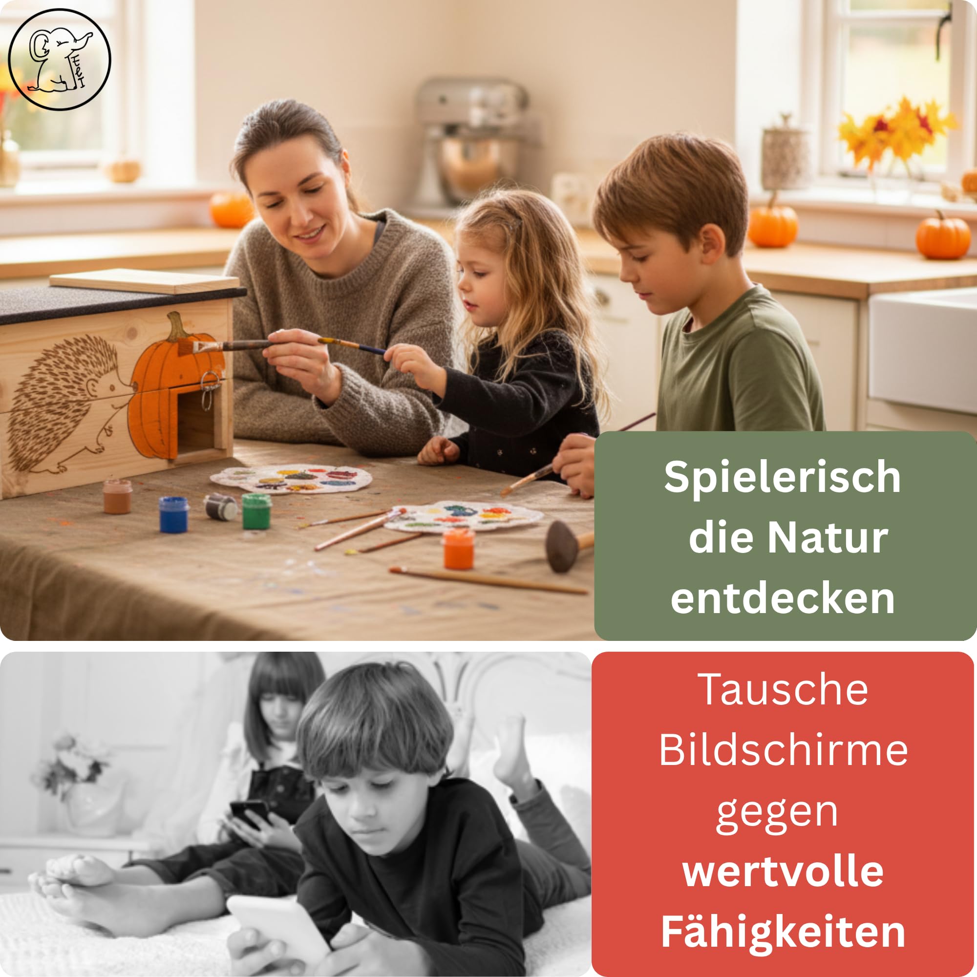 Eli® Igelhaus Bausatz für Kinder mit Rattenklappe und Labyrintheingang | bodenloser Set aus Kiefernholz zum Bemalen – inkl 6 Farben - Pinsel - Schrauben - Schablonen & Vorlagen - Jungen - Mädchen