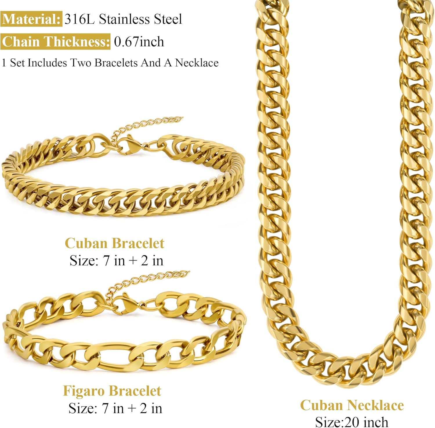 3PCS Cuban Link Figaro Bracelet Necklace for Men, Silver Gold Black Sturdy 316L Stainless Steel Cuban Link Figaro Chain with 2-inch Jewelry Set with Gift Message Card 8mm - Image 2