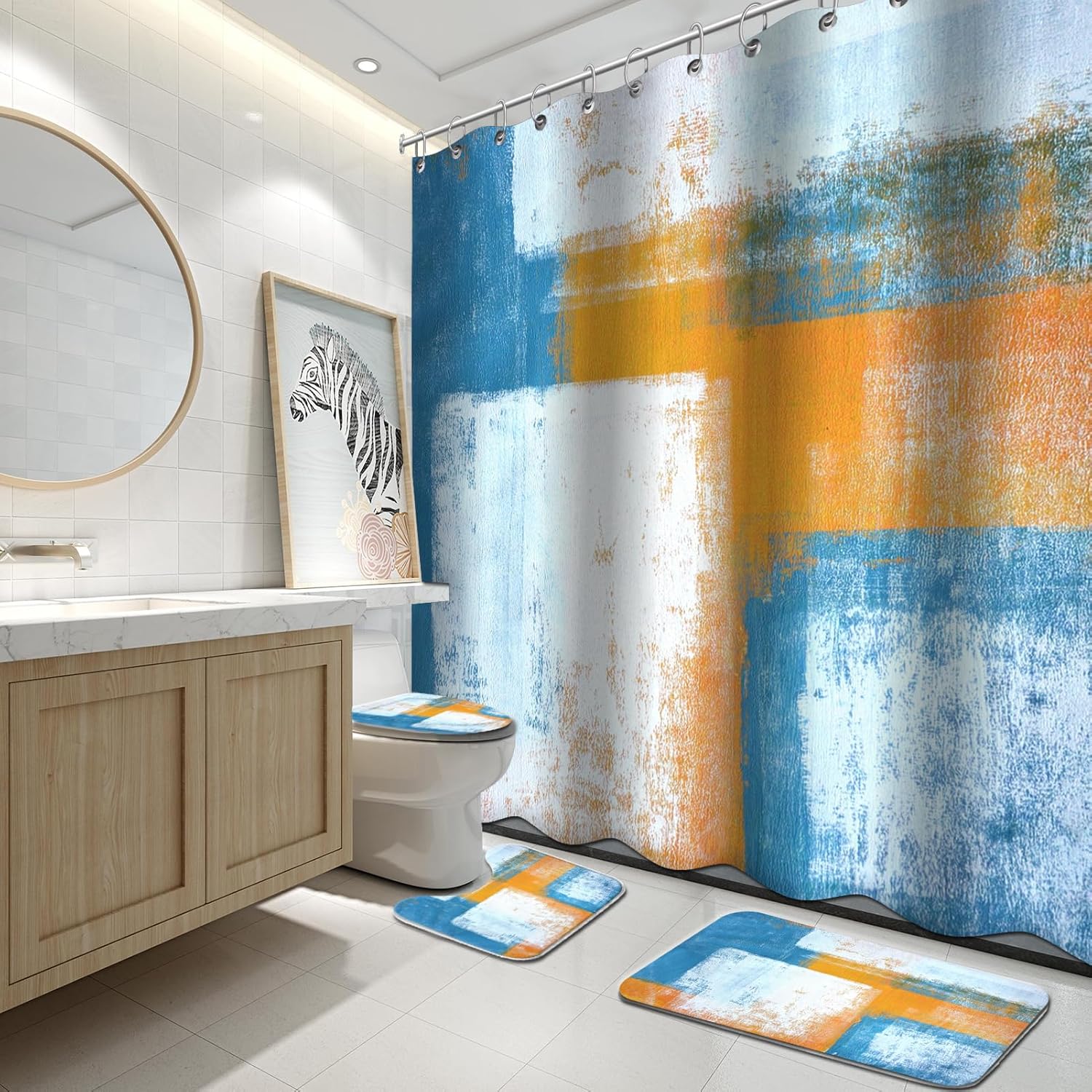 Lnond 4Pcs Bathroom Shower Curtain Sets with Rugs,Sky Blue and Grey White Abstract Painting Bathroom Sets with Shower Curtain and Rugs and Accessories