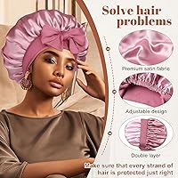 Vista 4 de Gorro de satén para dormir de doble capa con banda elástica para cabello rizado, gorro nocturno (pasta de frijol + rosa)