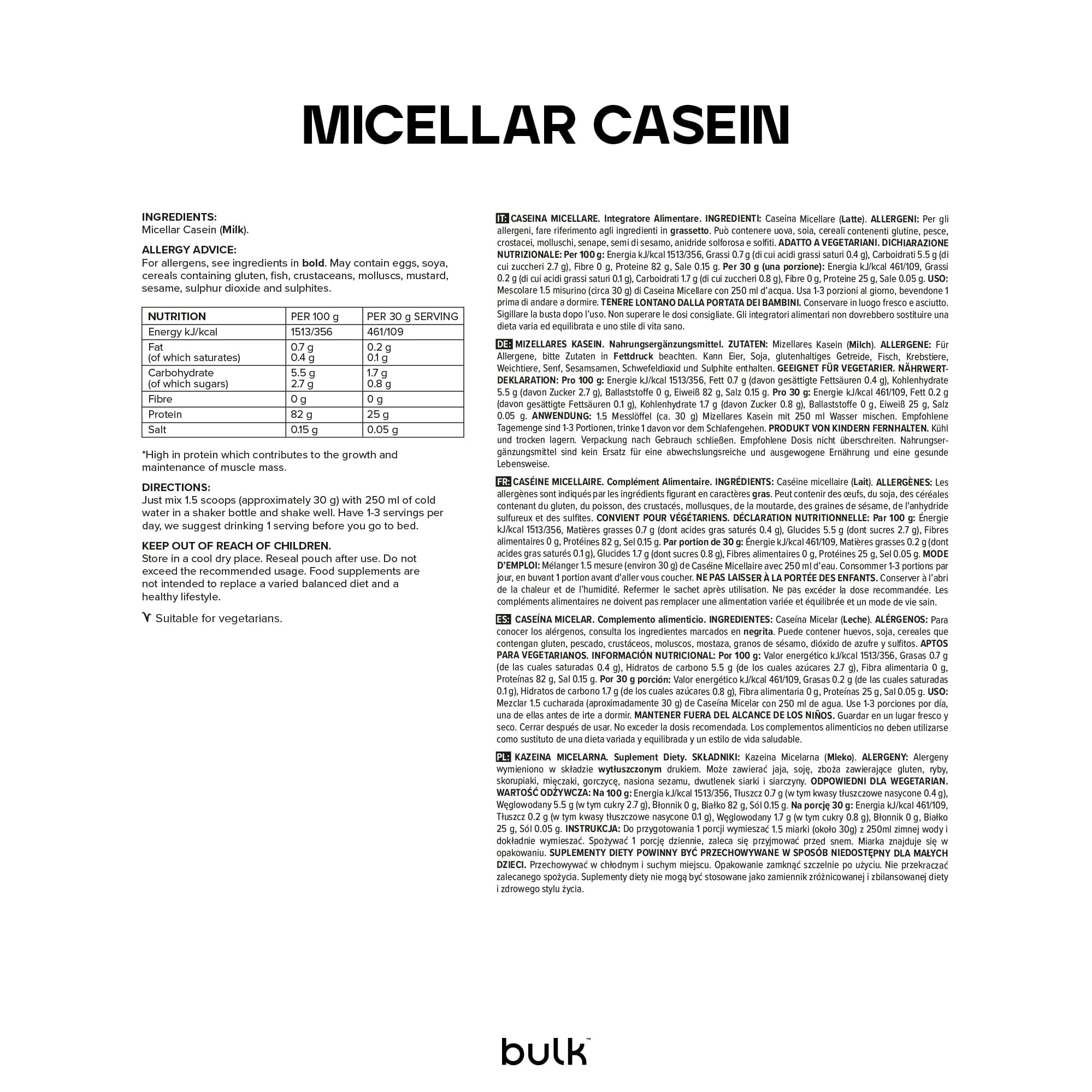 Bulk Mizellares Kasein, Casein Protein Pulver, Eiweißpulver, Geschmacksneutral, 500 g, Verpackung Kann Variieren