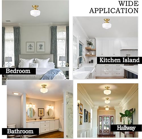 Miniatura 3 de AyshwillDec Lámpara escolar de latón de 8 pulgadas, lámpara de mediados de siglo, lámpara de vidrio de leche, lámparas de techo semiempotradas para