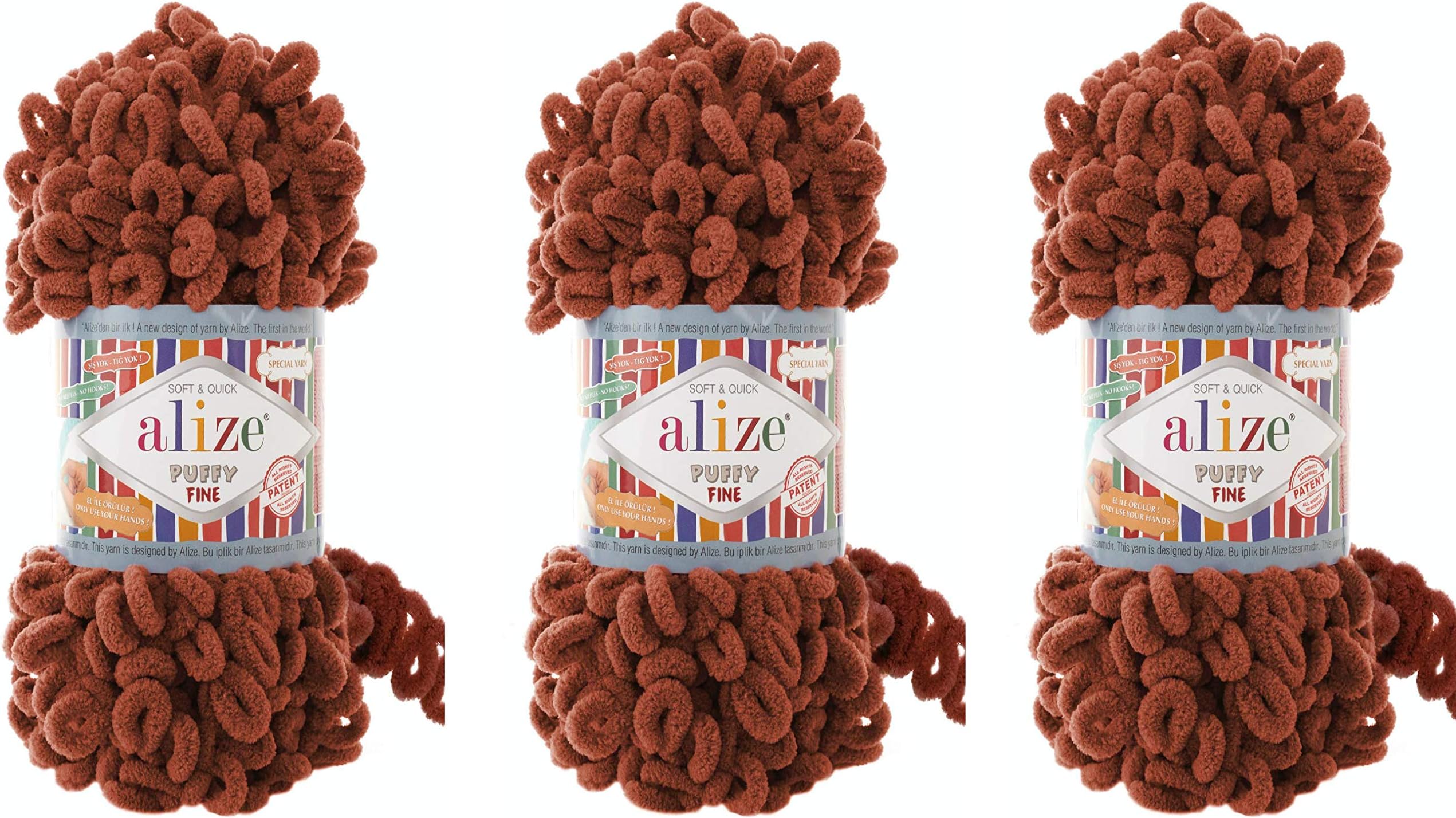 Alize Puffy Fine Yarn Baby Blanket Yarn Lot of 3skn 300gr 48yds 100% Micropolyester Soft Yarn Hand Knitting Yarn Super Chunky Bulky Woven Worested Yarn (90-Terra)