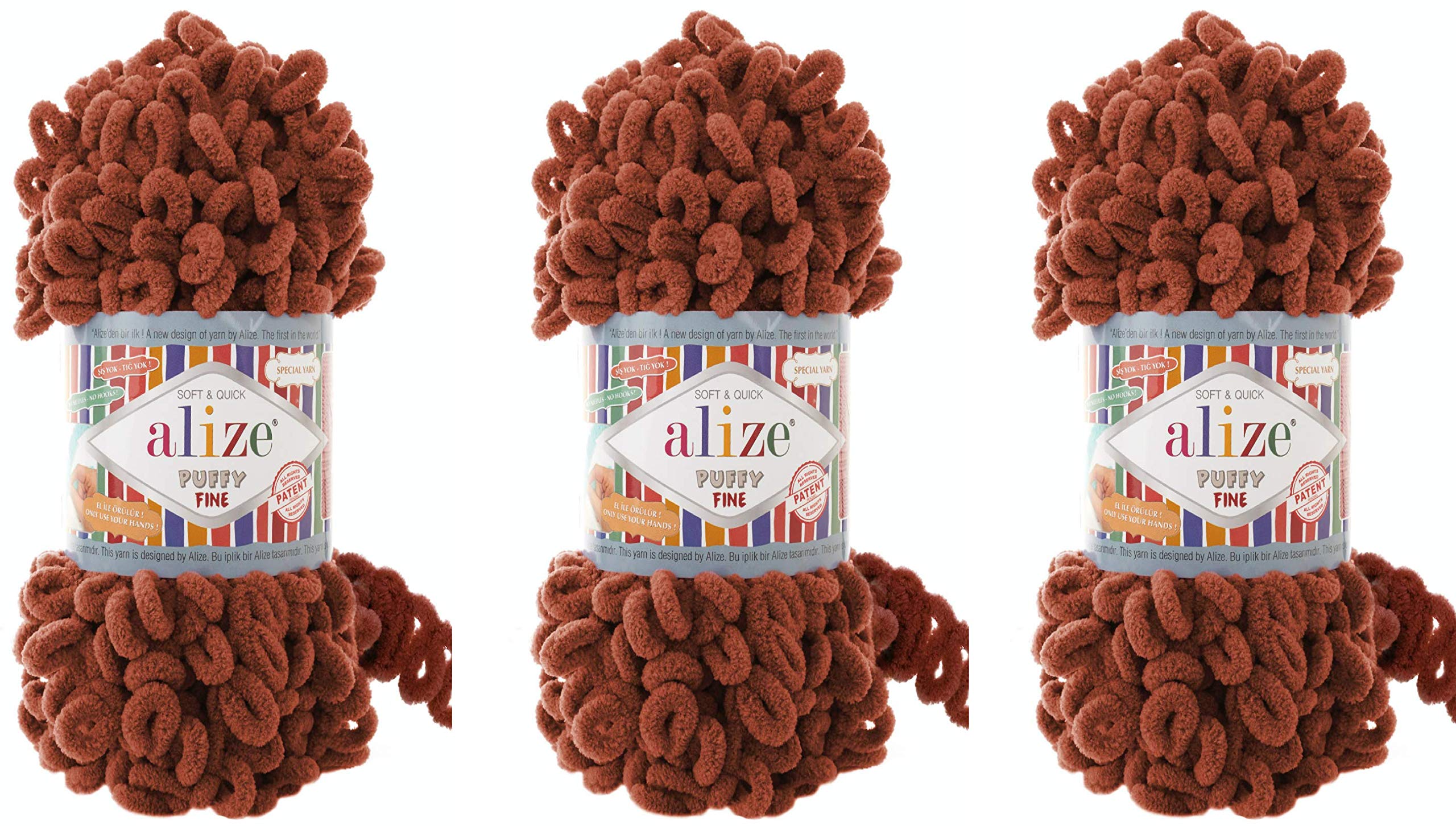 AlizePuffy Fine Yarn Baby Blanket Yarn Lot of 3skn 300gr 48yds 100% Micropolyester Soft Yarn Hand Knitting Yarn Super Chunky Bulky Woven Worested Yarn (90-Terra)