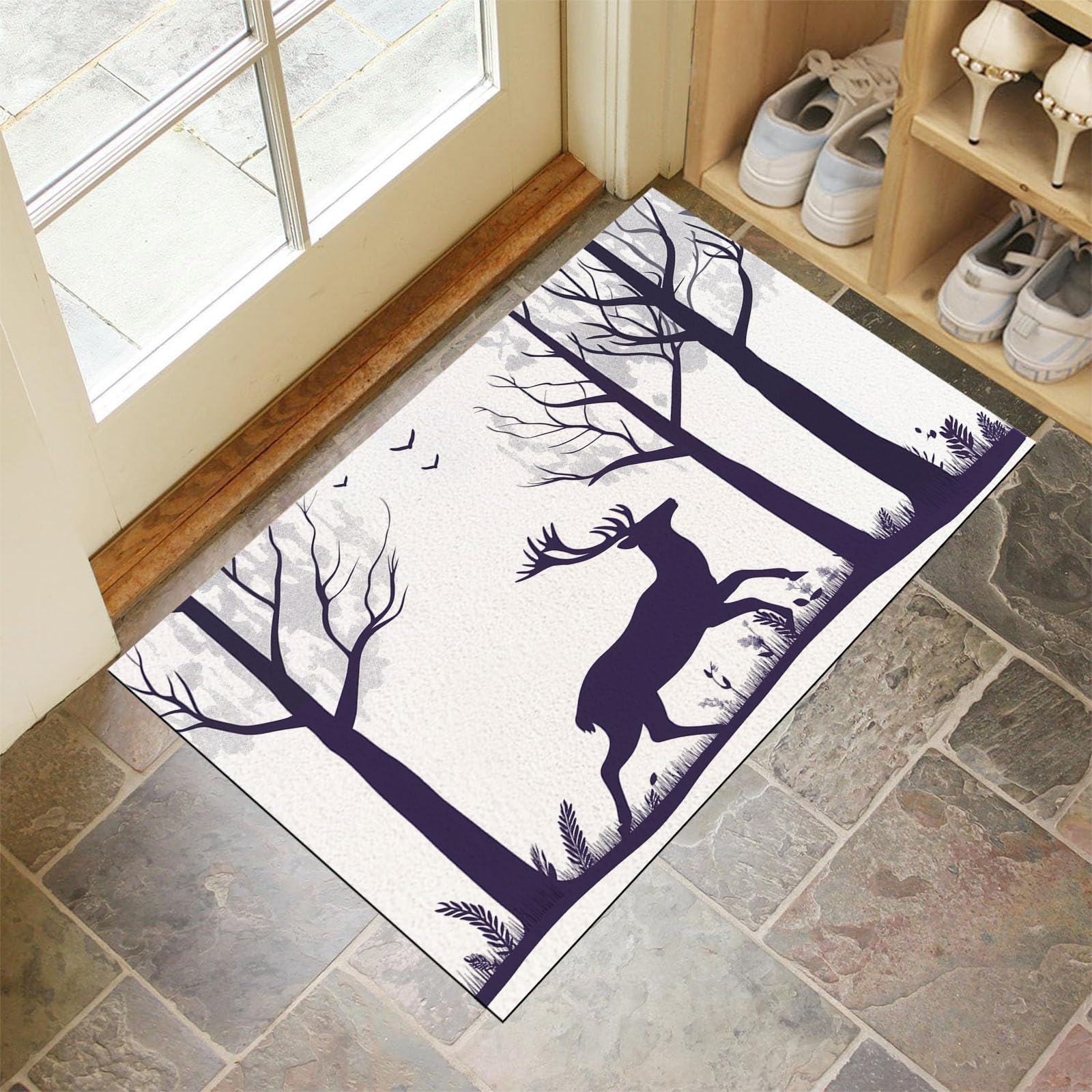 Navidad Antideslizante Felpudo, 90 x 150 cm Alfombra Entrada, Alfombras de Decoración de Resumen Bosque, Sencillo Reno Silueta Welcome Tapete de Puerta para Salón Baño Cocina, Blanco