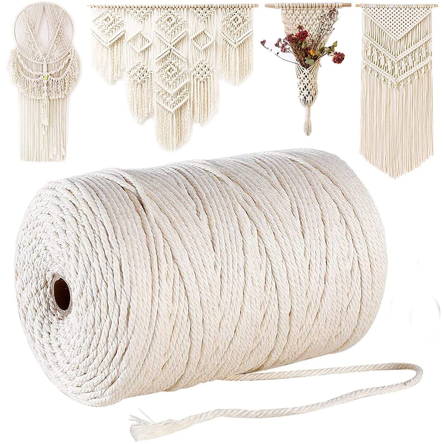 NC Amzuia Cotton Cord,3mm x 200m Natural Beige Macrame Cord Cotton Rope Craft String for DIY Knitting Plant Hangers Christmas Wedding Décor