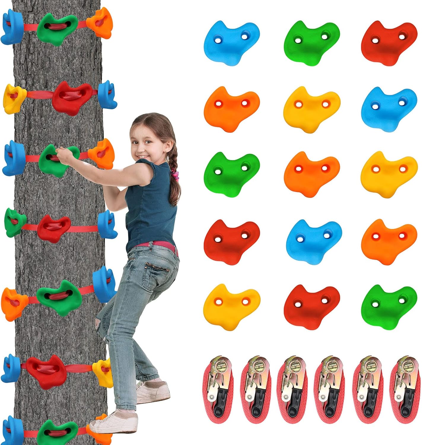 Trsmima Ninja Tree Climbing Holds: 15 Rock Climbing Holds for Kids with 6 Ratchet Straps - Climbing Grips for Tree Climber Outdoor Backyard Playground Tree Climbing Hand Holds Play Set : Toys & Games