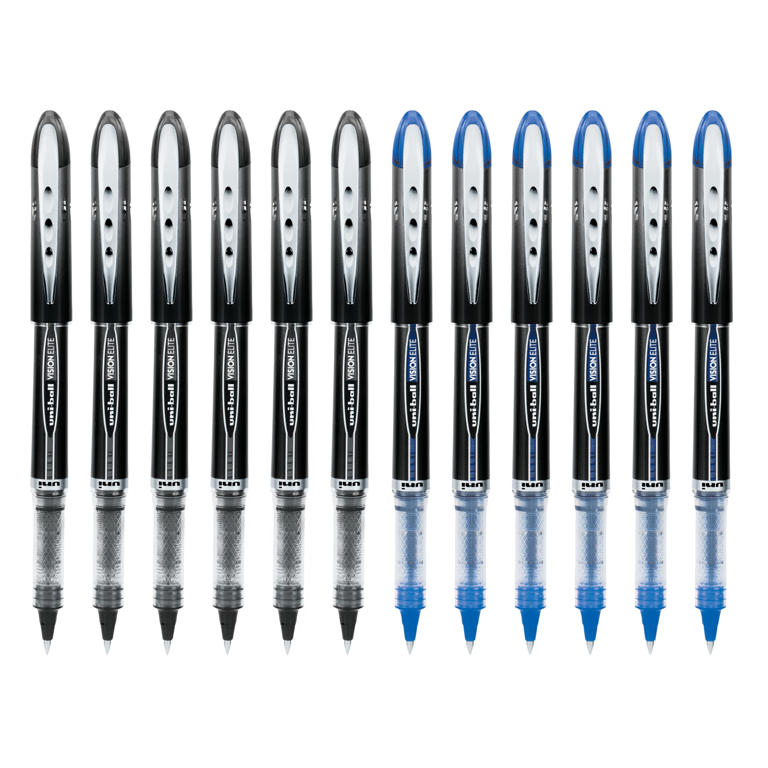Uni-Ball Vision Elite - Bolígrafos de punta redonda, punta micro, 0.5 mm, tinta negra y azul, paquete de 12 (6 negros, 6 azules), tinta uni resistente al fraude y al agua, seguro para aviones