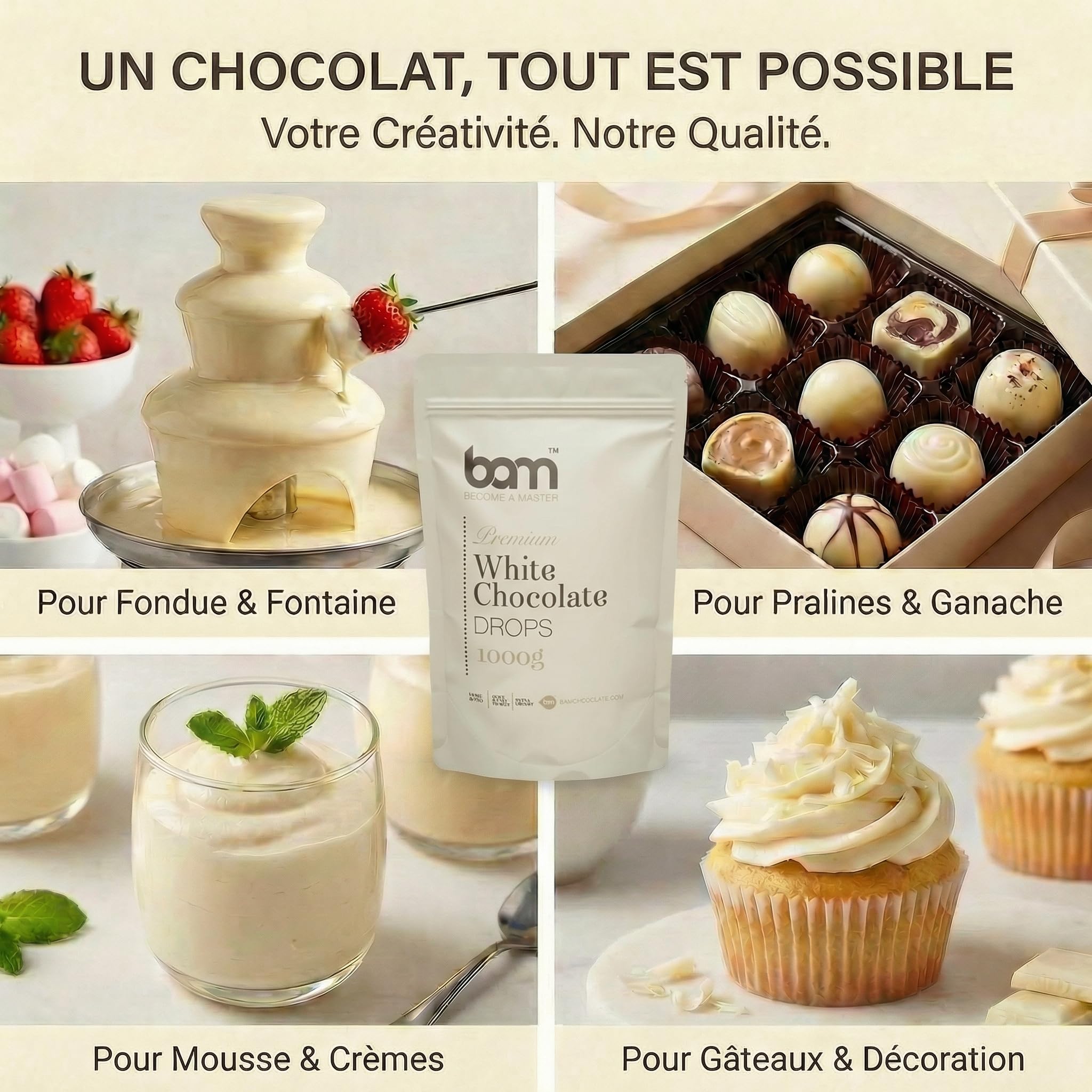BAM Pépites de Chocolat Blanc – Chocolat Pâtissier pour Desserts, Ganaches, Crèmes et Fruits – Chocolat de Couverture de Qualité – 1kg