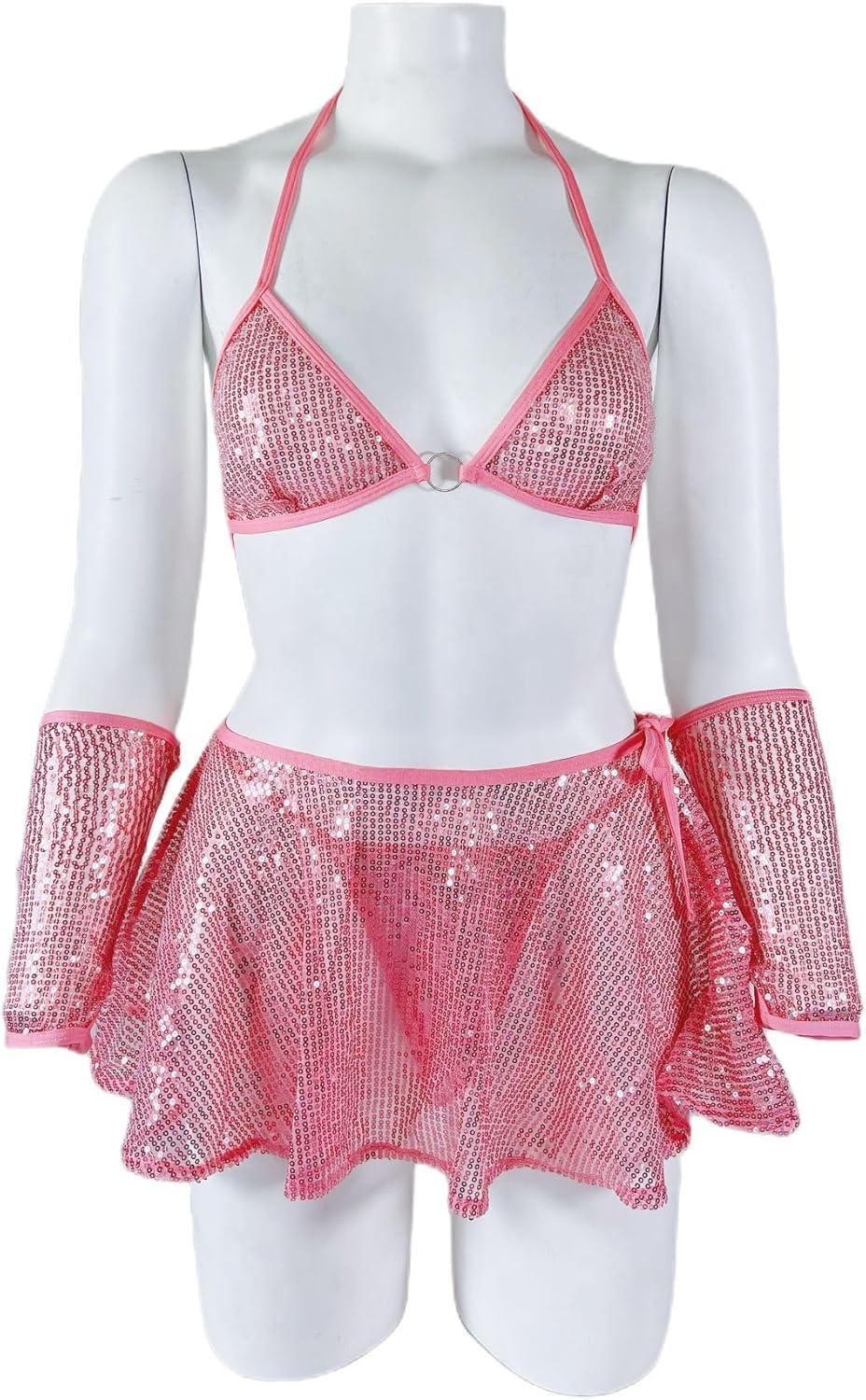 SIQITECHNO Womens Shiny Sequin Rave Outfits See Through Halter Bra Top Mini Skirt Lingerie Set Glitter Hologram Clubwear - Image 6